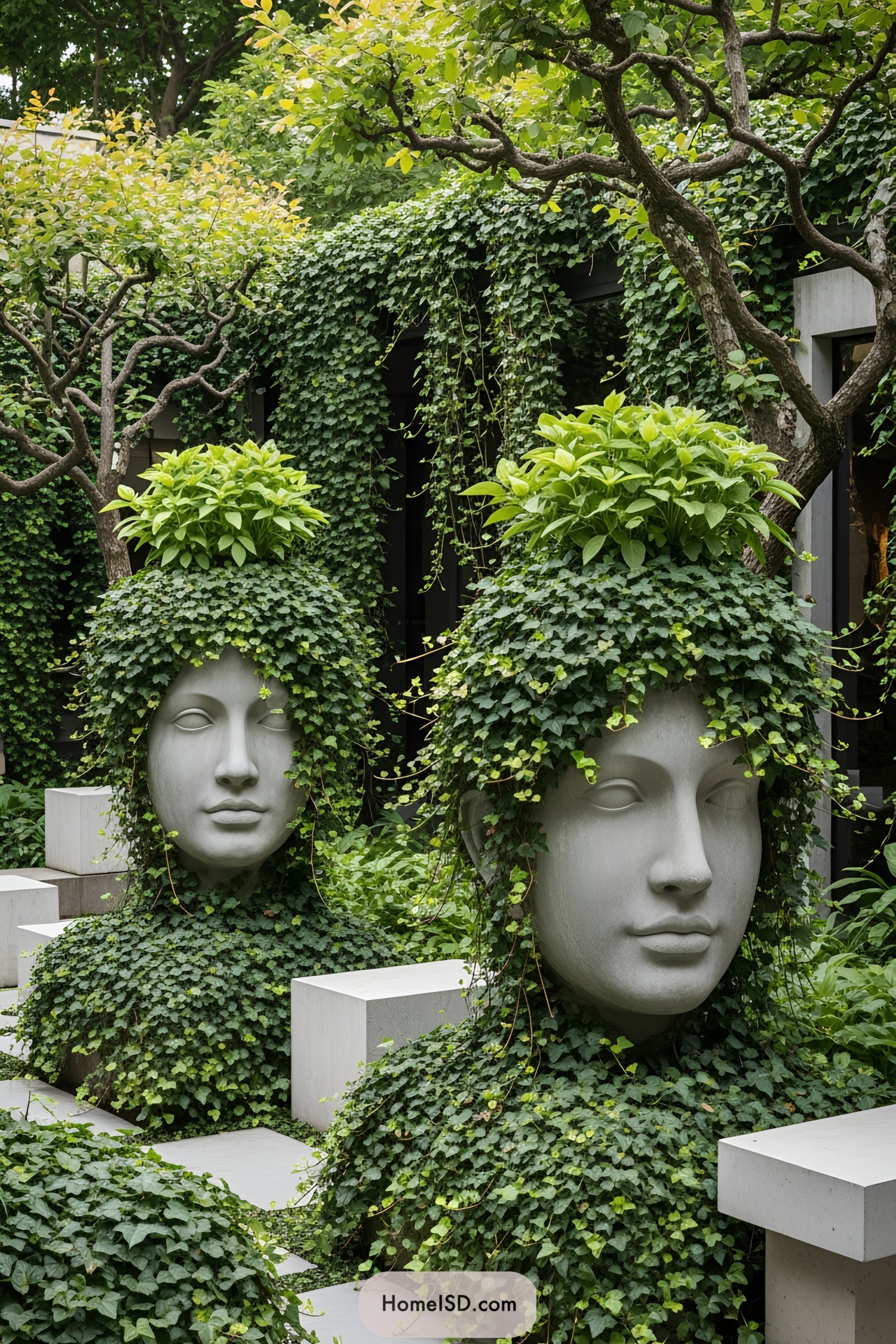 Sculpted heads entwined with ivy in a lush garden