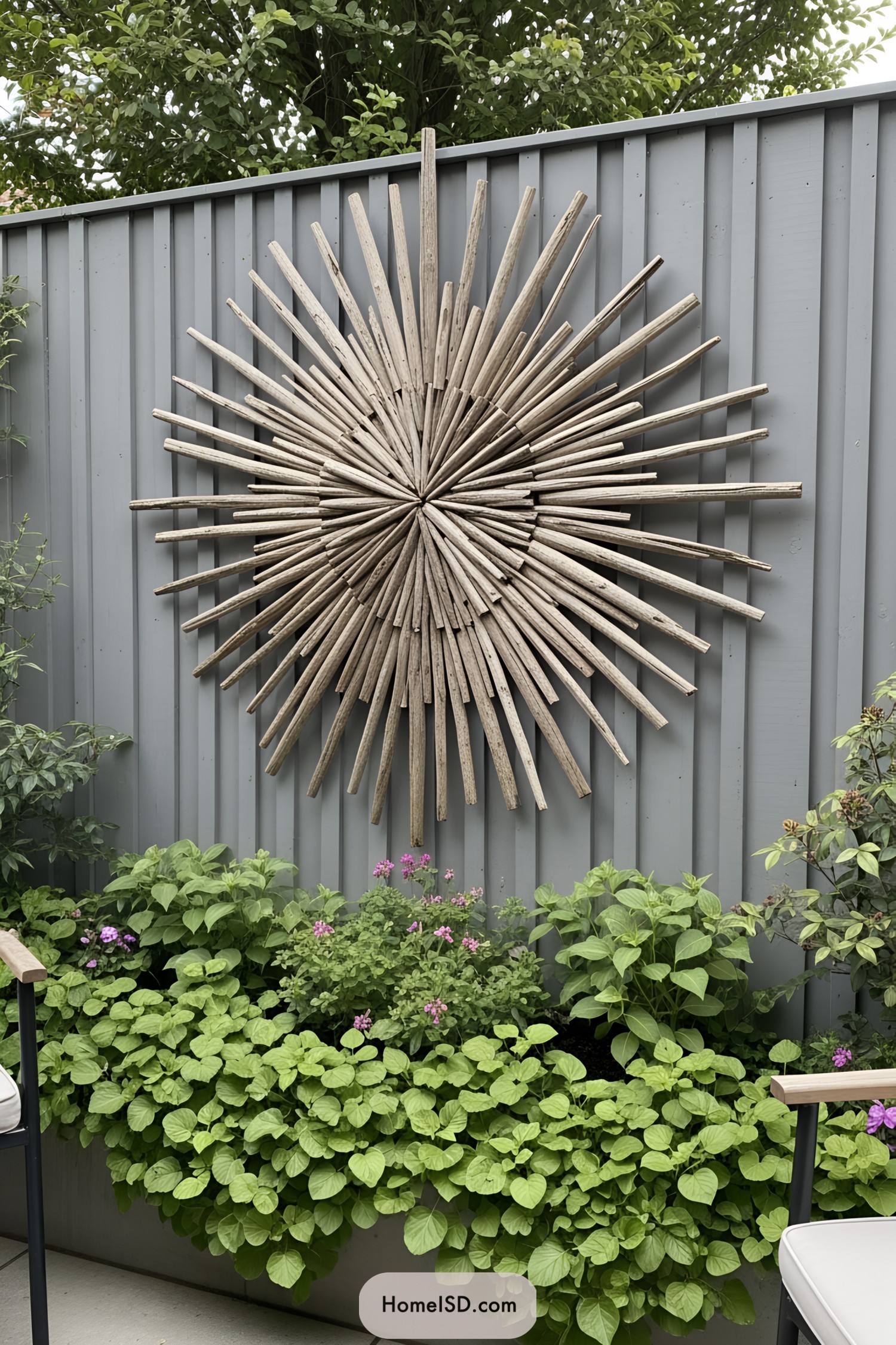 Large wooden sunburst sculpture on a garden fence with lush green plants below