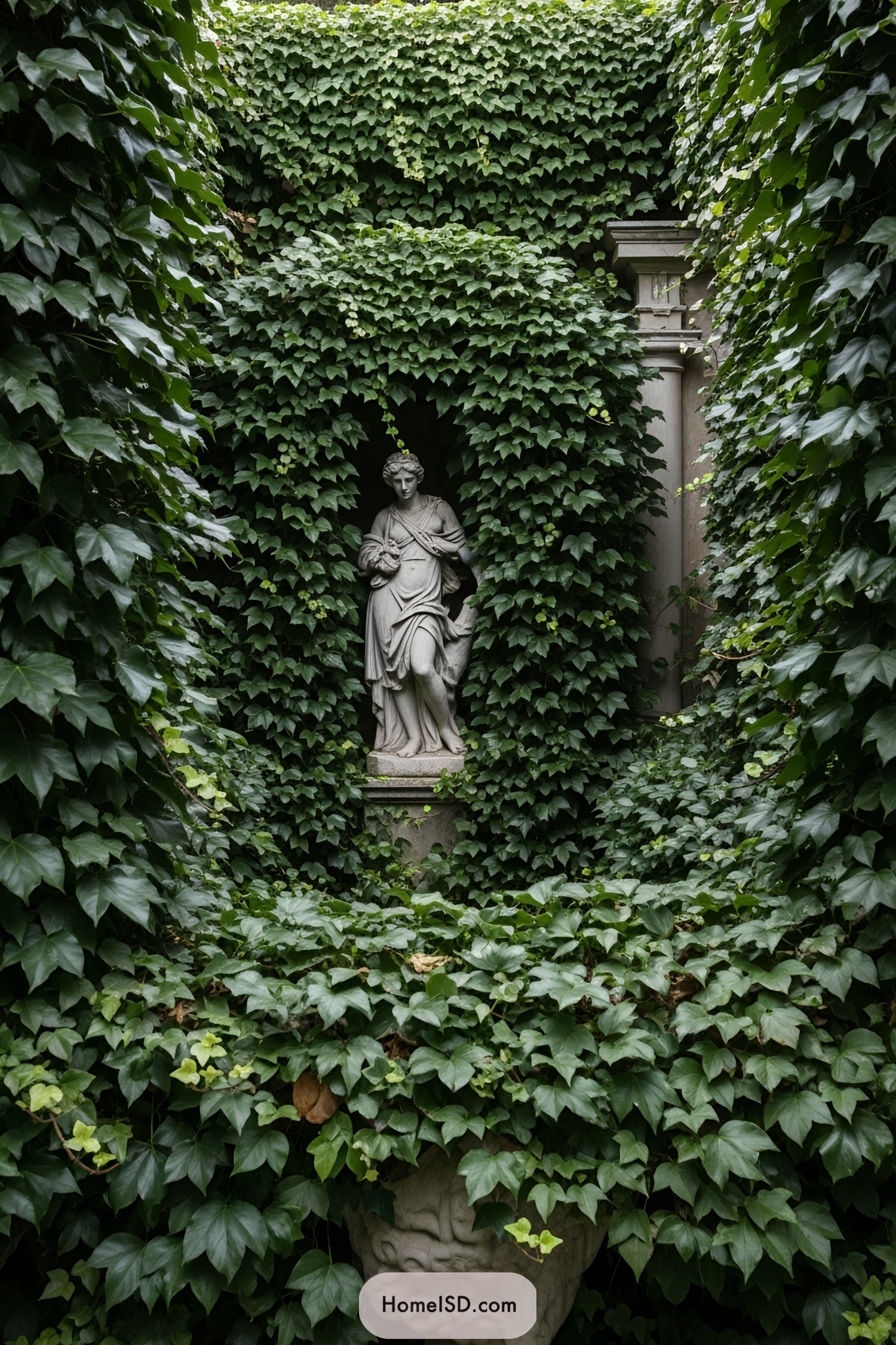 Statue in ivy-covered garden nook