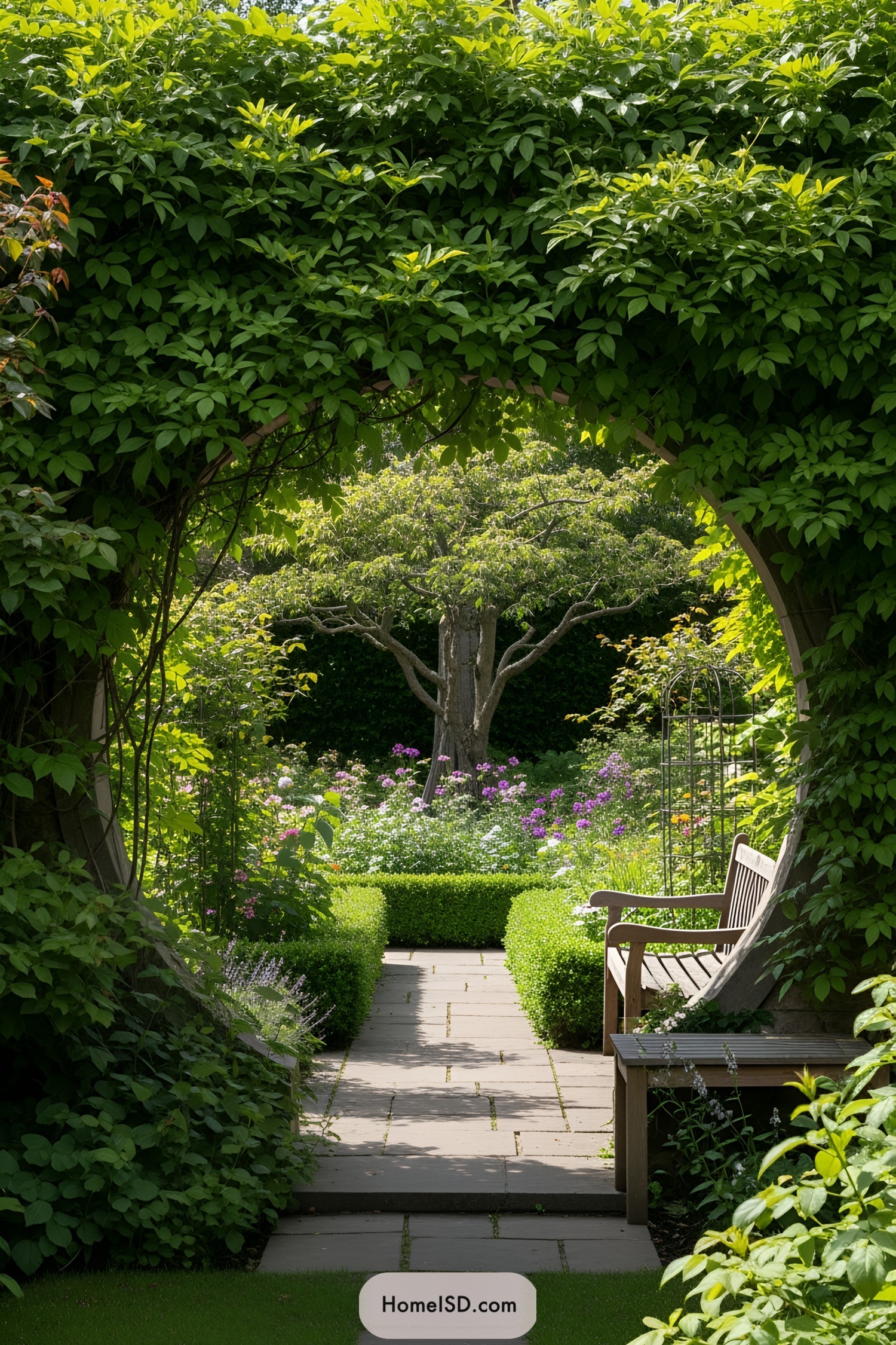 Leafy archway leading to a tranquil garden with a tree and path