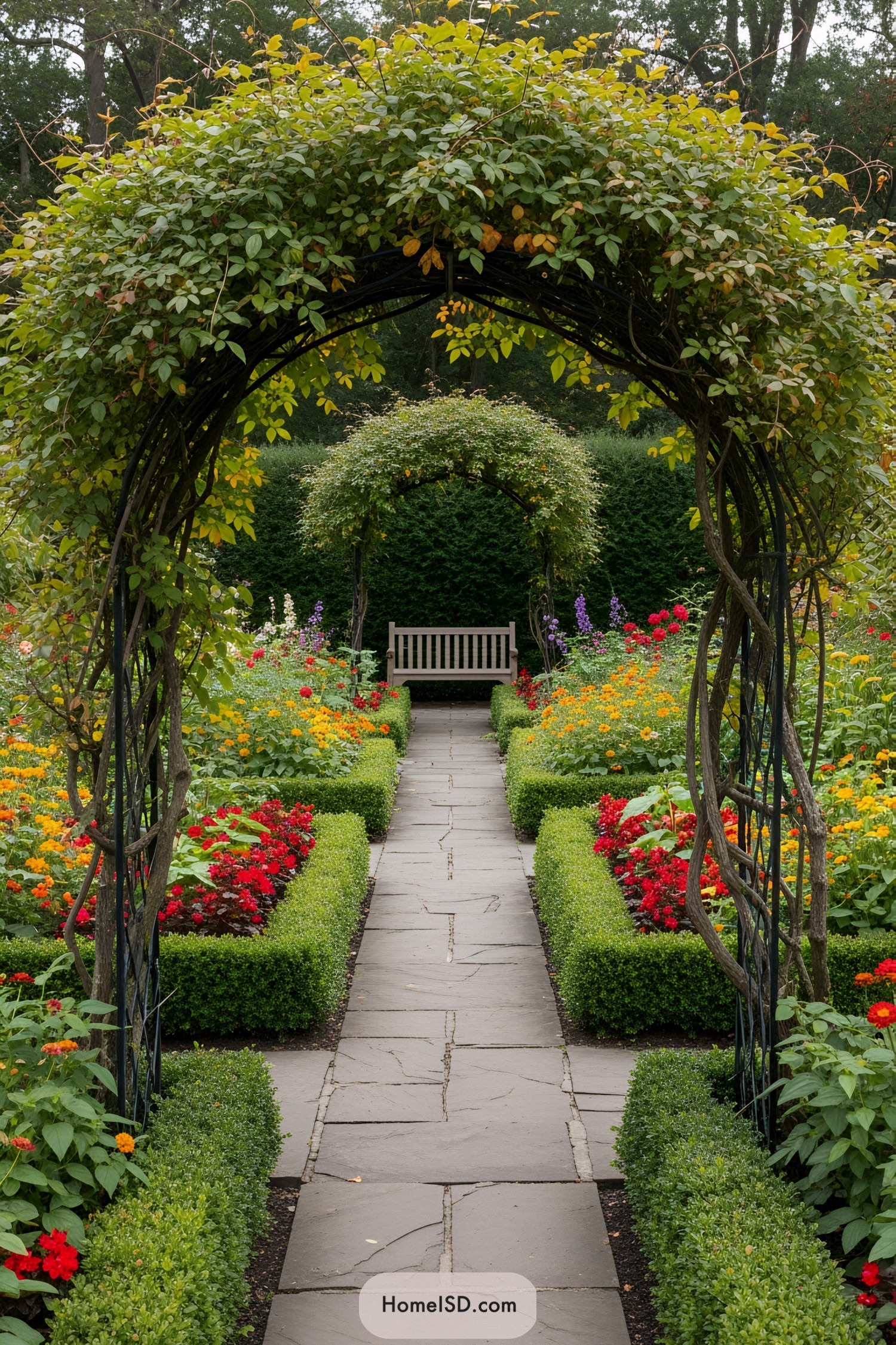 Garden with stone path, colorful flowers, and a wooden bench