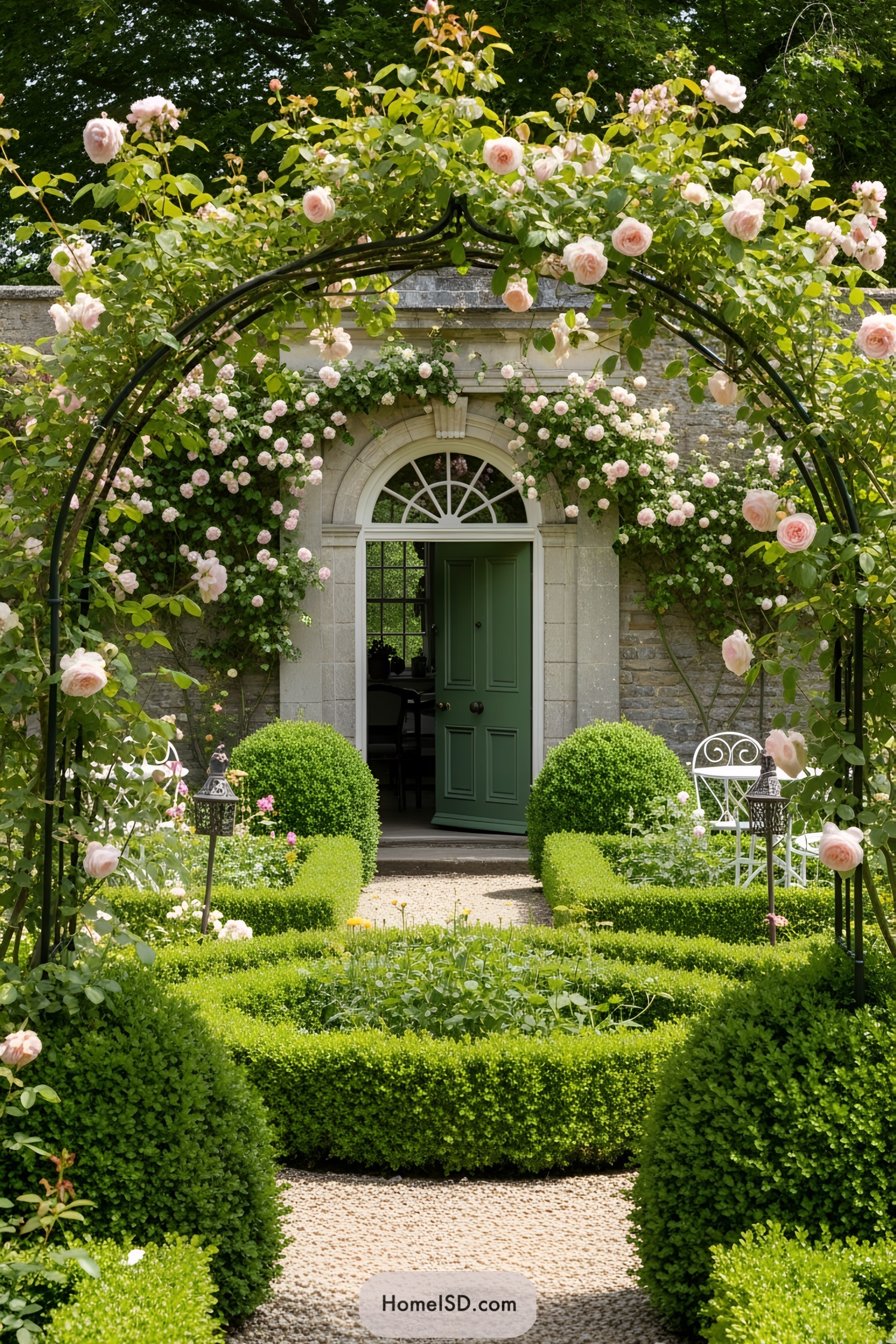 Lush garden with arched doorway