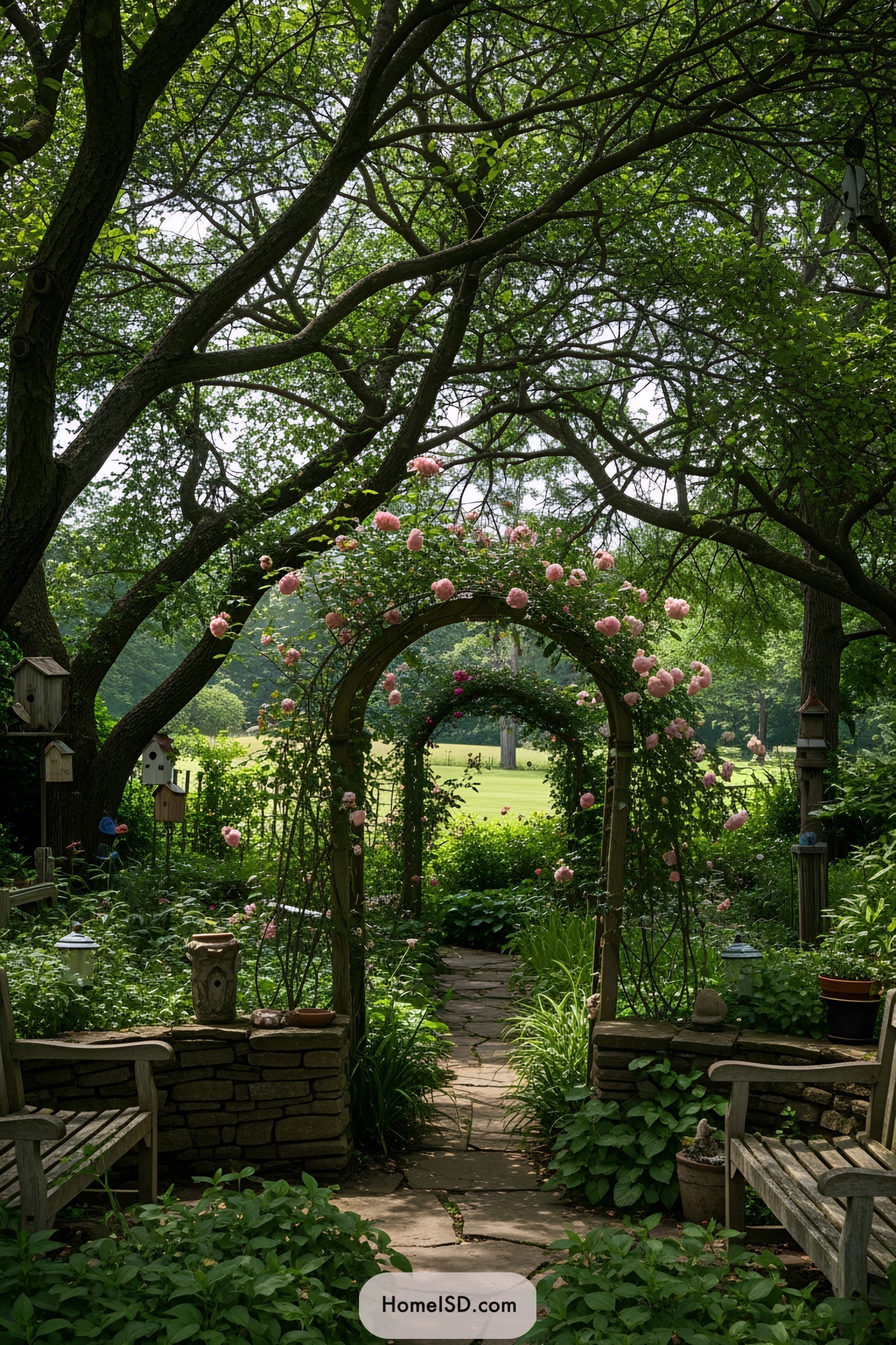 Floral archway in a lush garden with wooden benches
