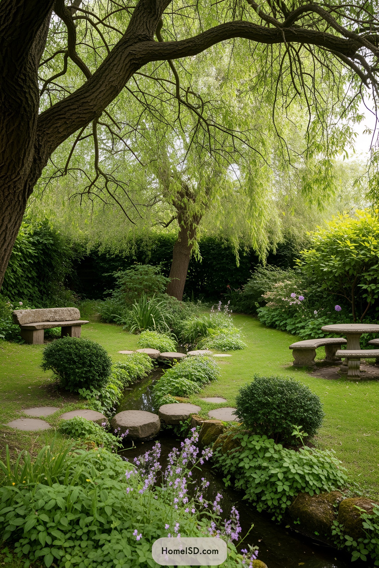 Lush garden with willow tree and stone path