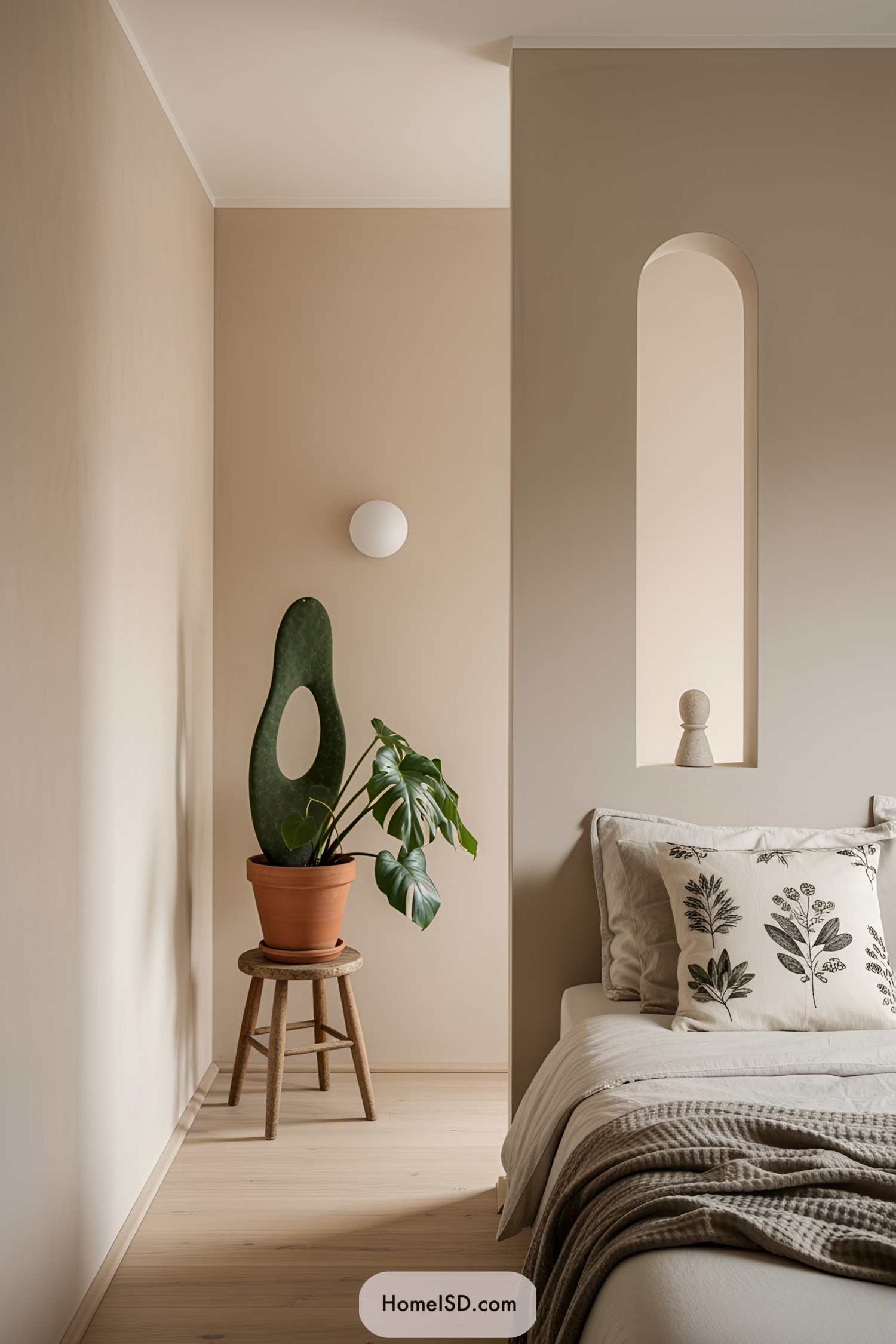 Potted plant beside neutral-toned bed
