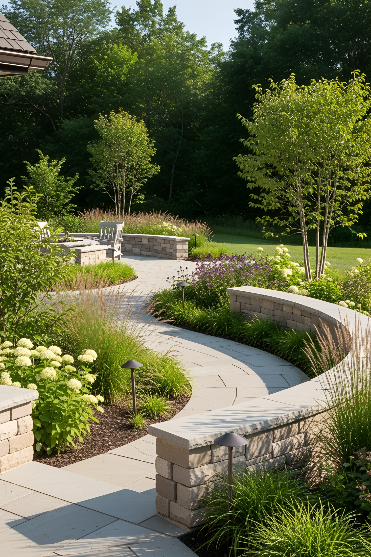 Curved stone path with surrounding greenery