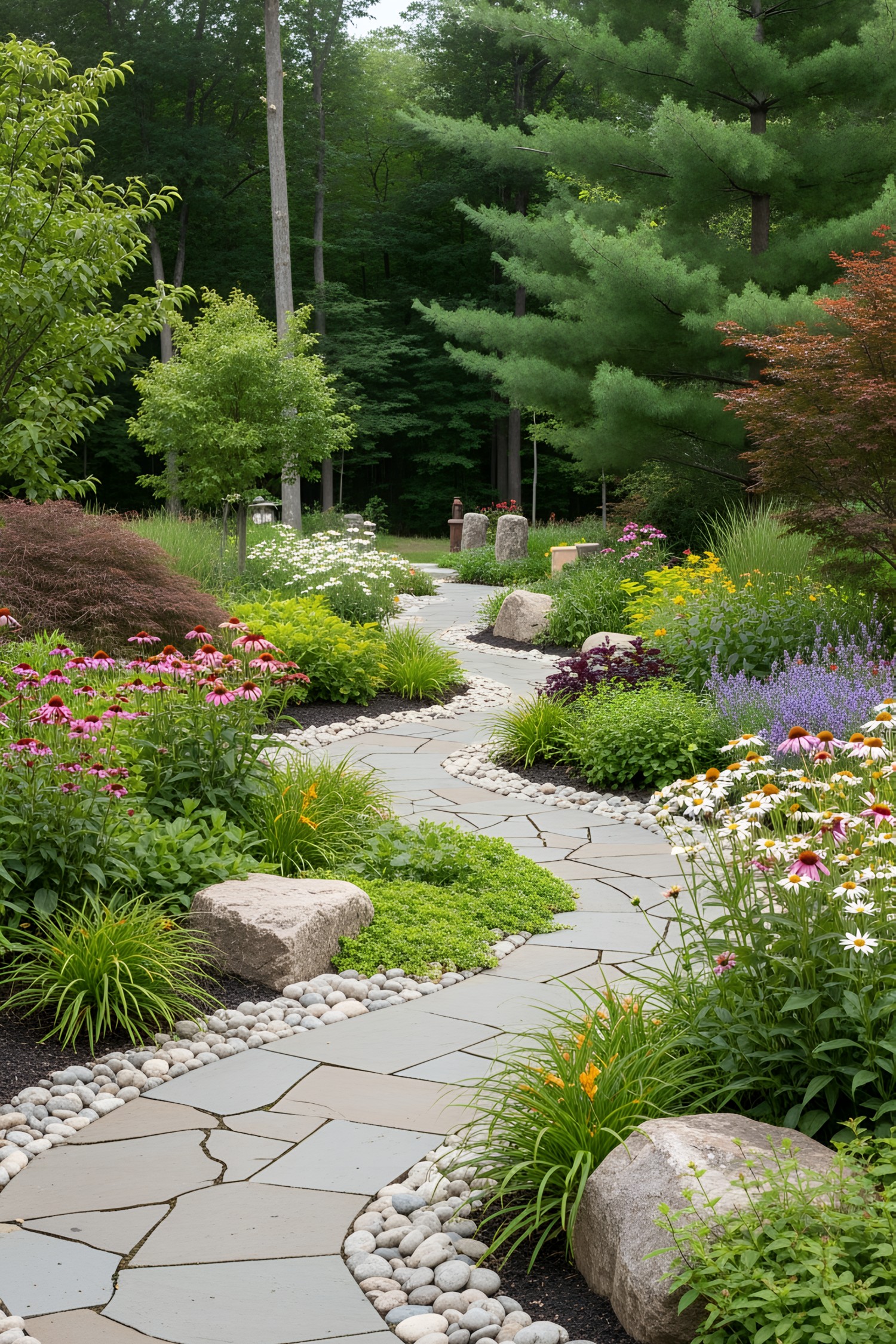 Flagstone path winding through a lush garden with vibrant flowers and greenery