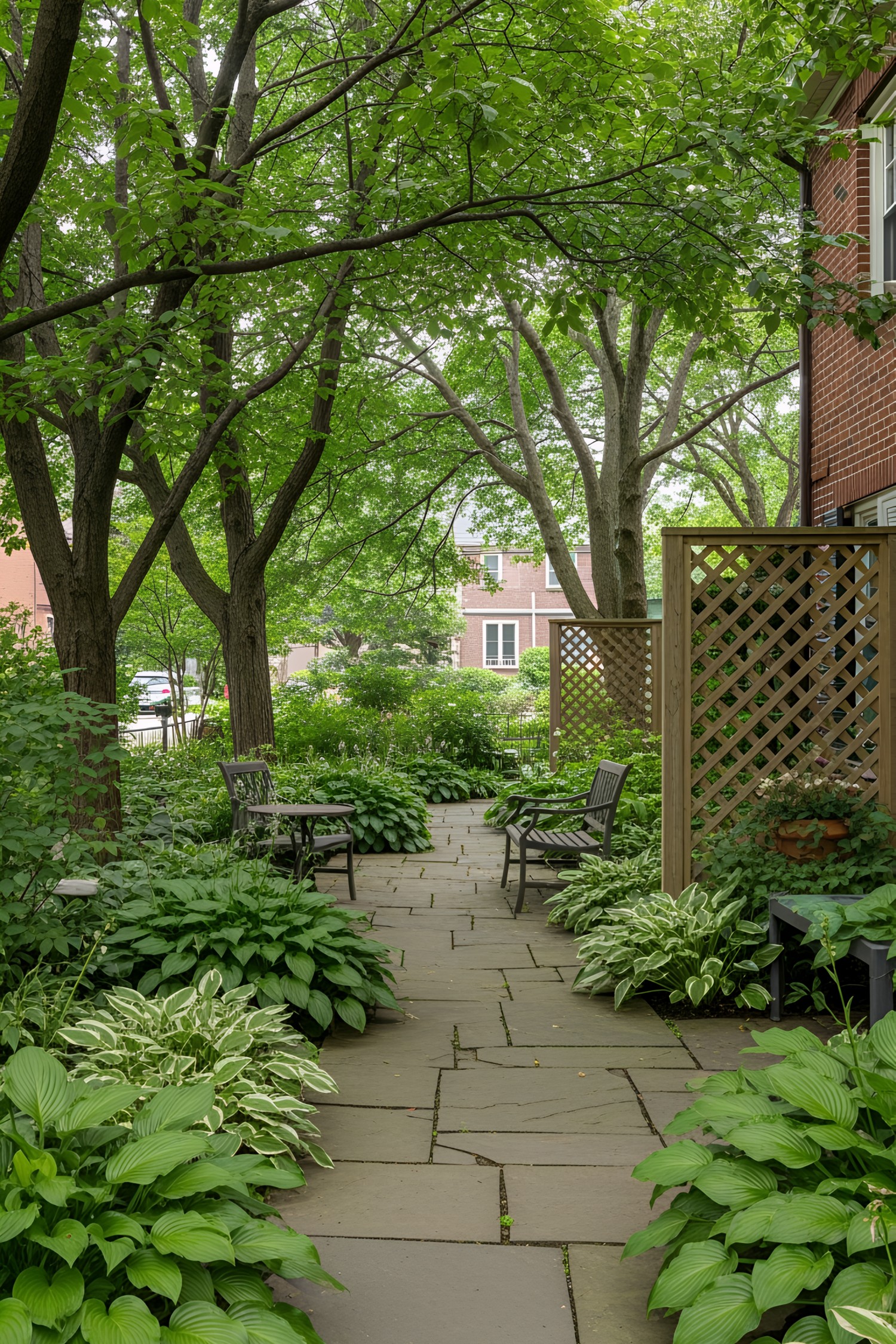 Meandering flagstone path through lush garden with chairs