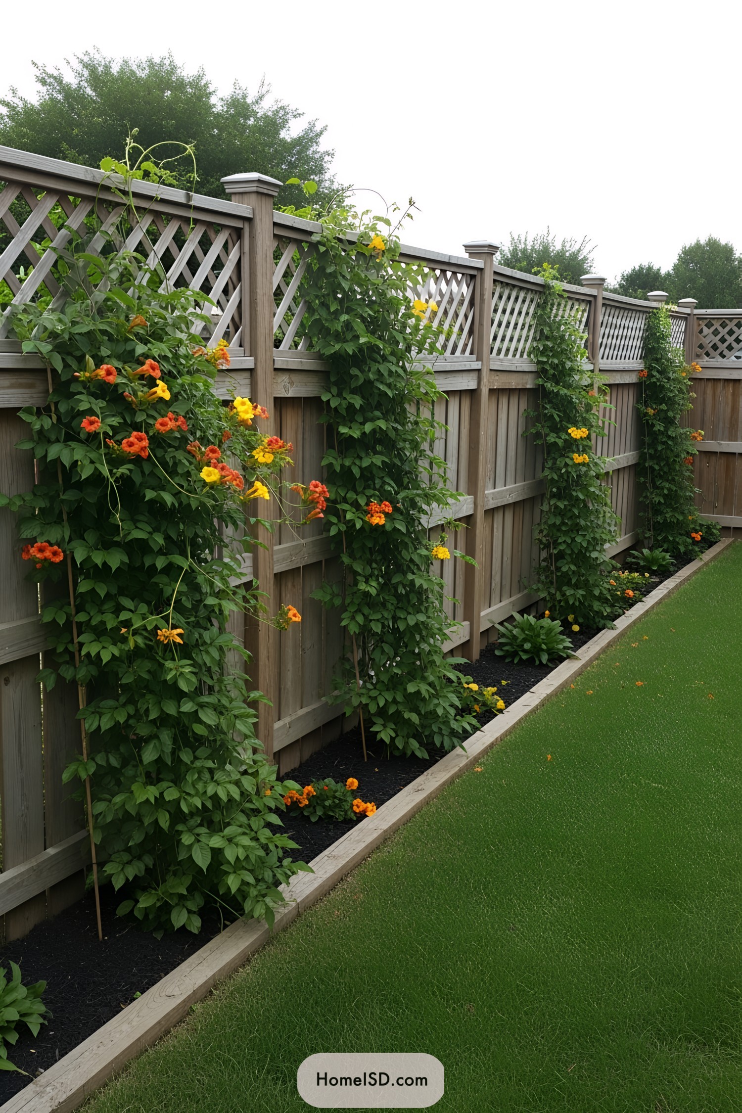 Colorful flowers climbing a wooden fence