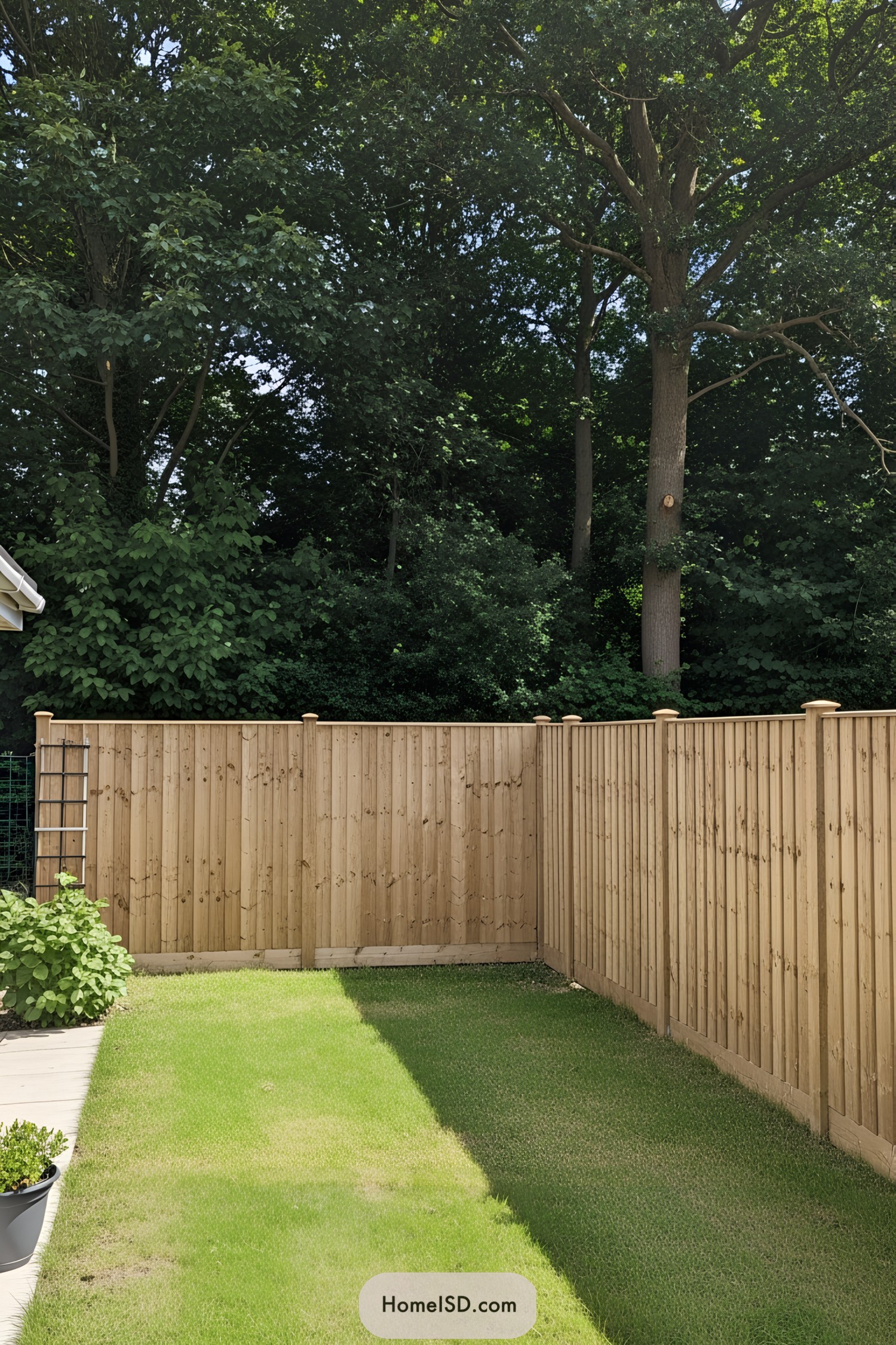 Wooden privacy fence with lush greenery behind