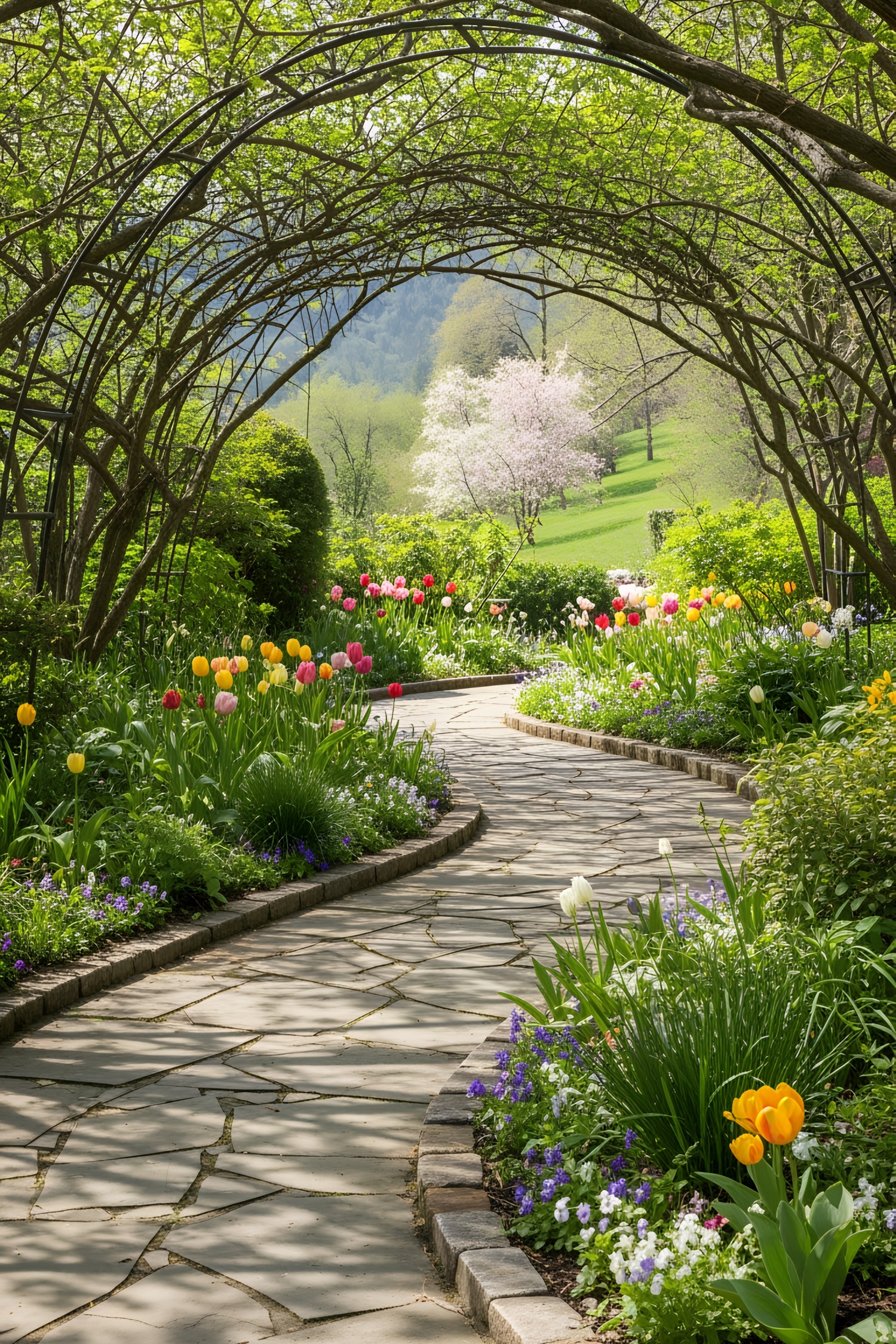 Flagstone path winding through a blooming garden