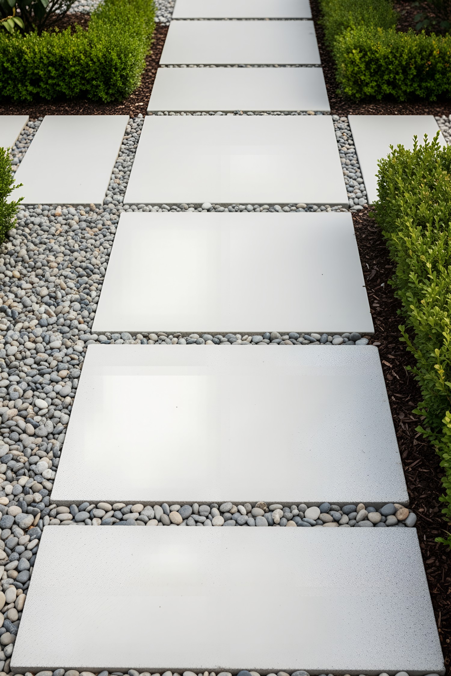 Elegant stone slabs bordered by pebbles and greenery