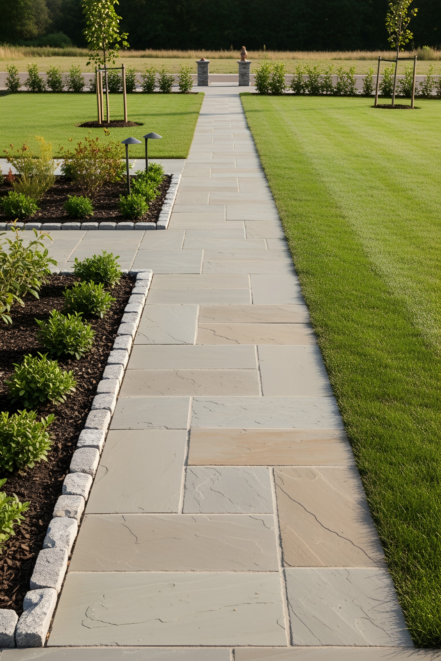Stone path surrounded by lush grass and shrubs