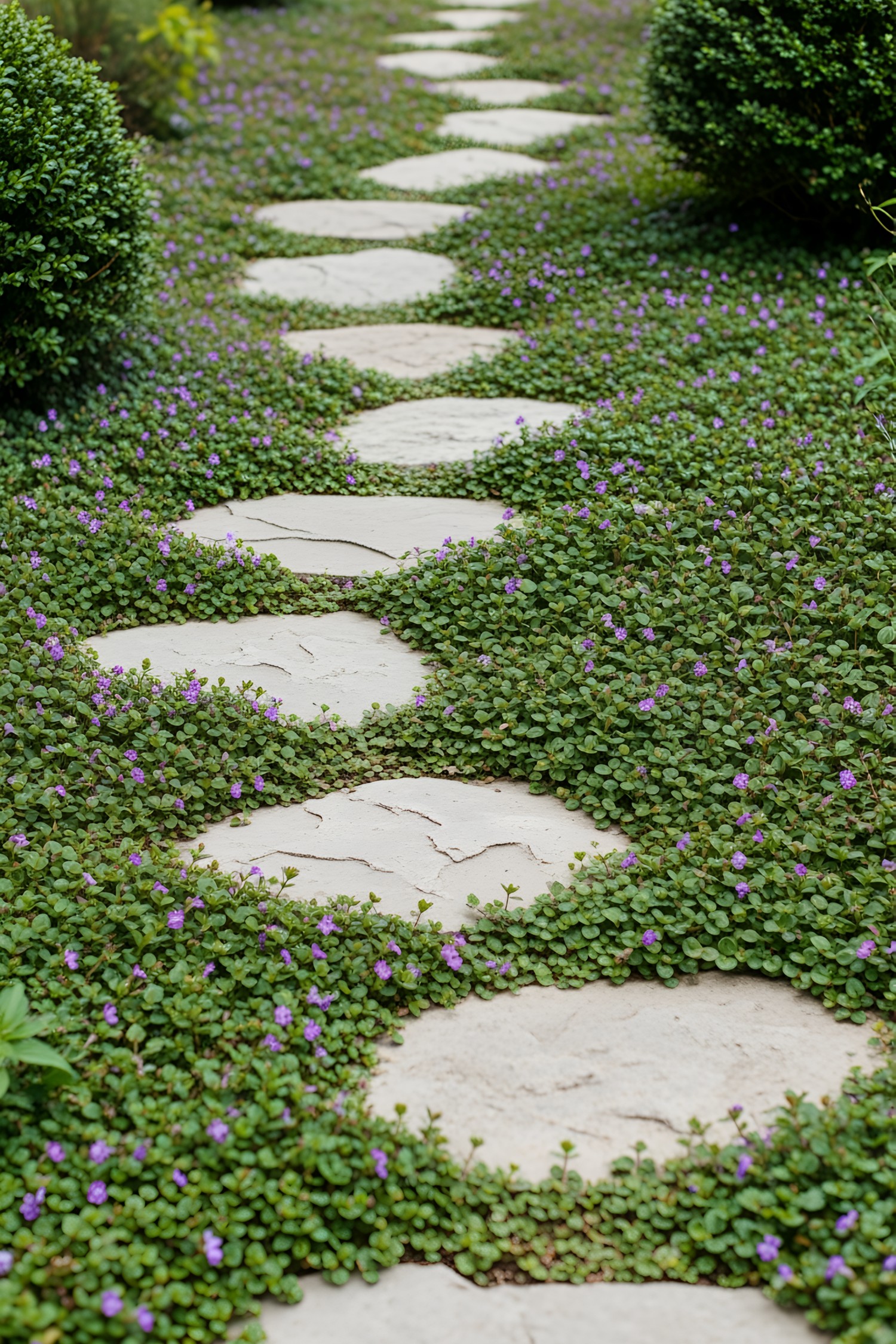 Stone pathway surrounded by lush greenery and small purple flowers