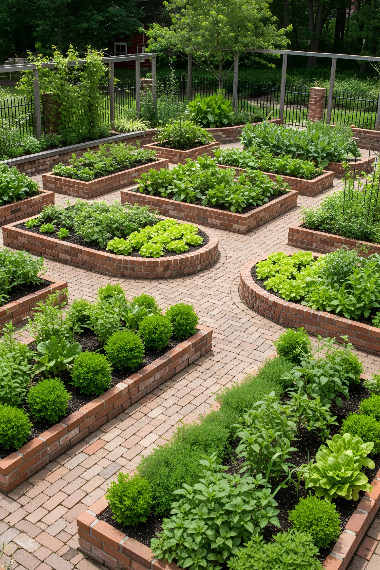 Brick-edged garden beds in geometric patterns