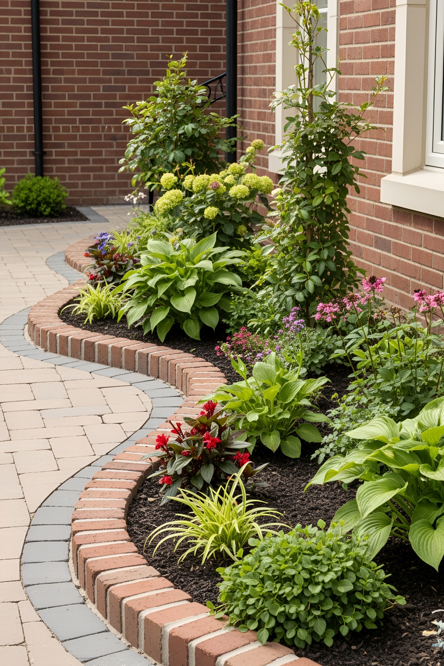 Curved brick garden edging with vibrant plants