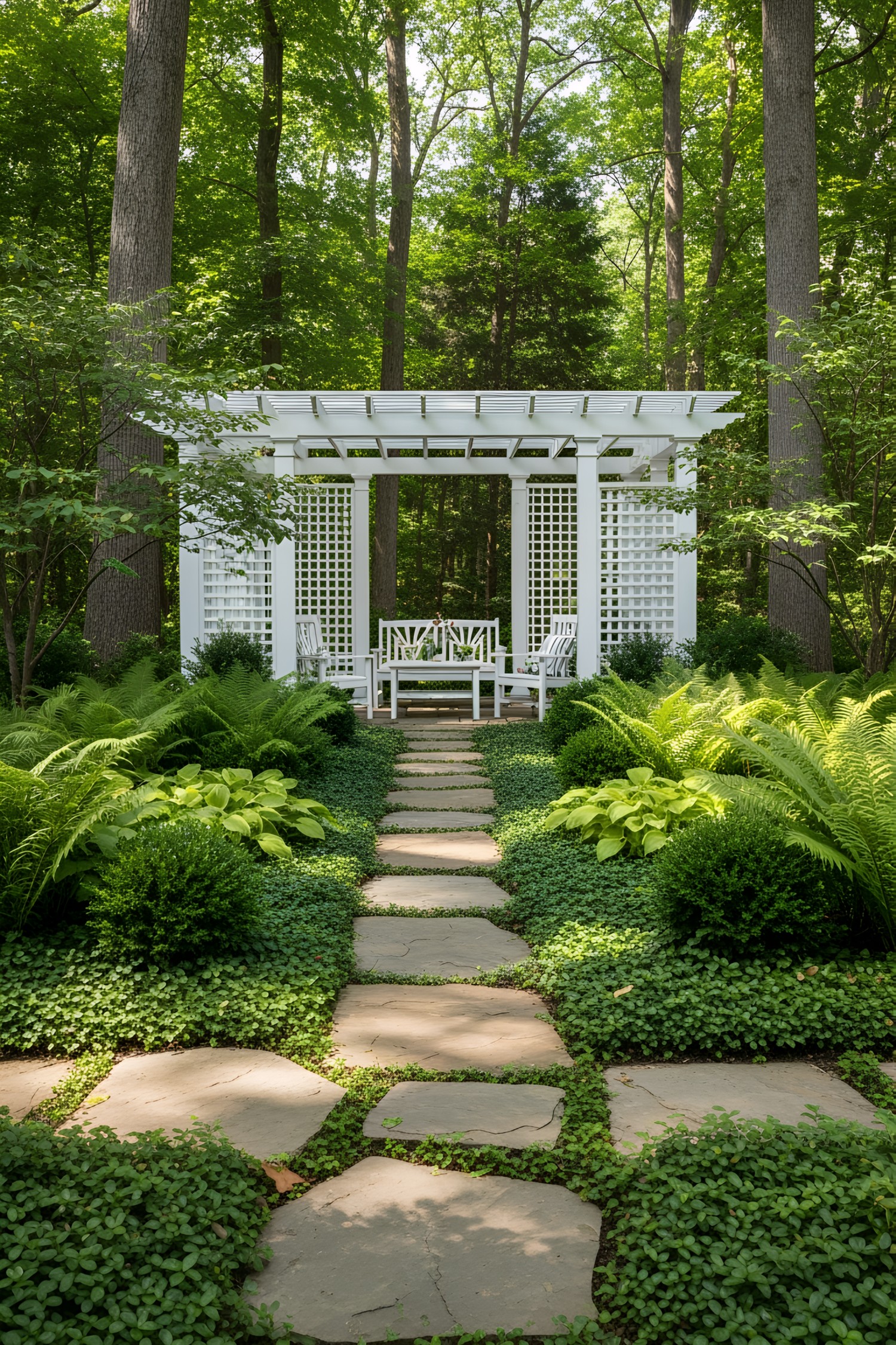 Flagstone path leading to a white garden pergola
