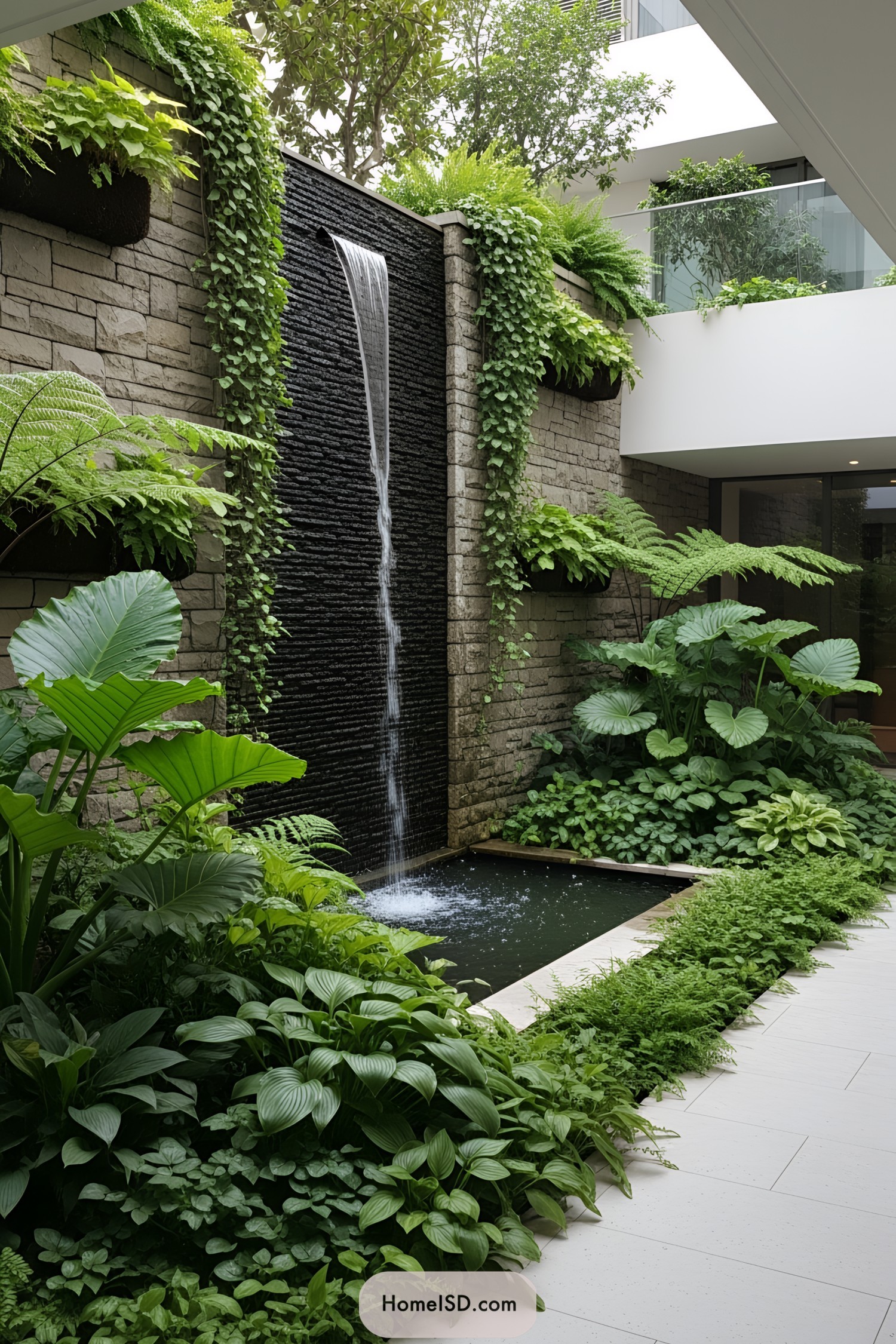 Wall fountain with lush greenery