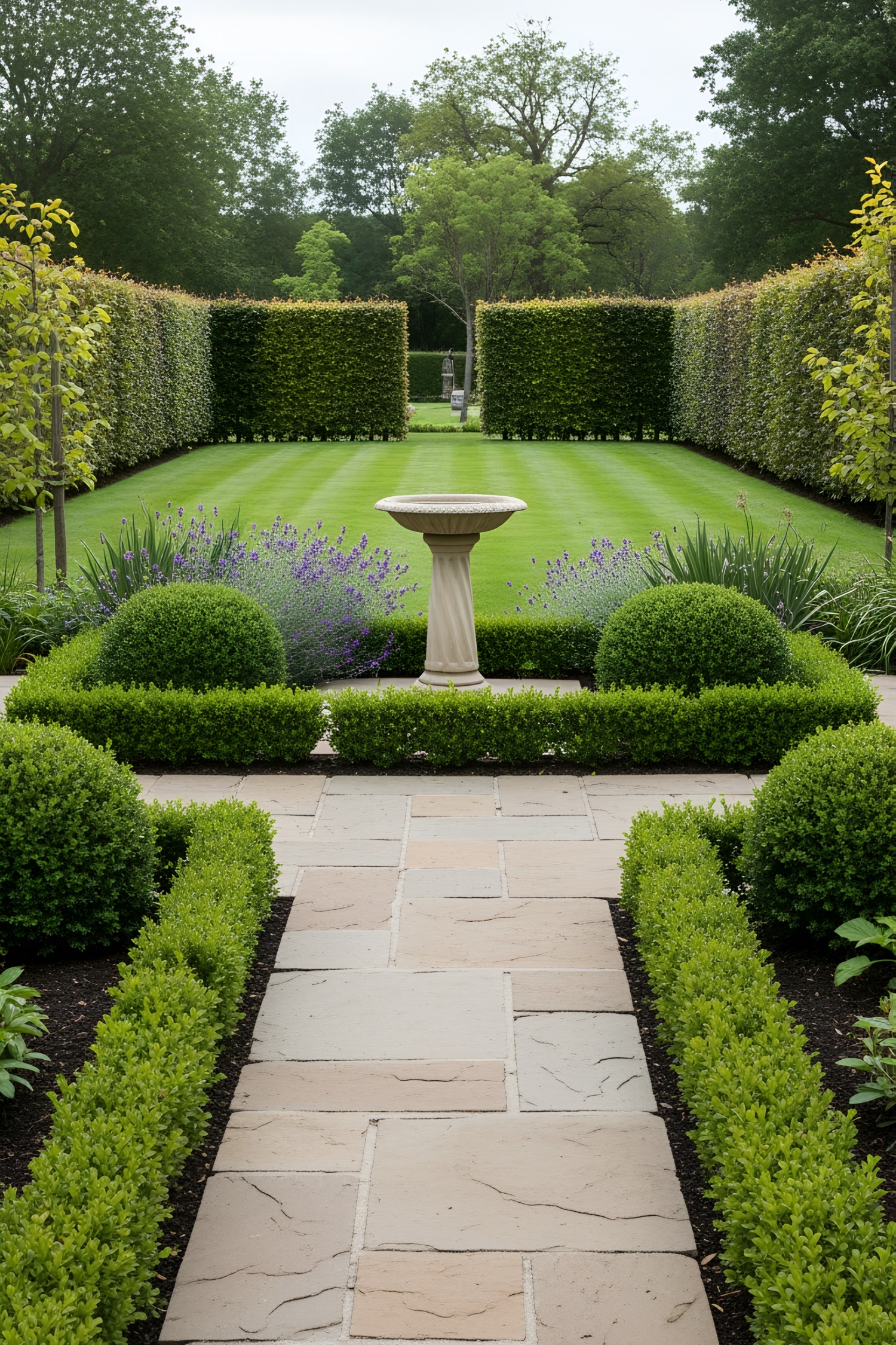 Elegant stone walkway leading to a manicured garden with hedges and a bird bath
