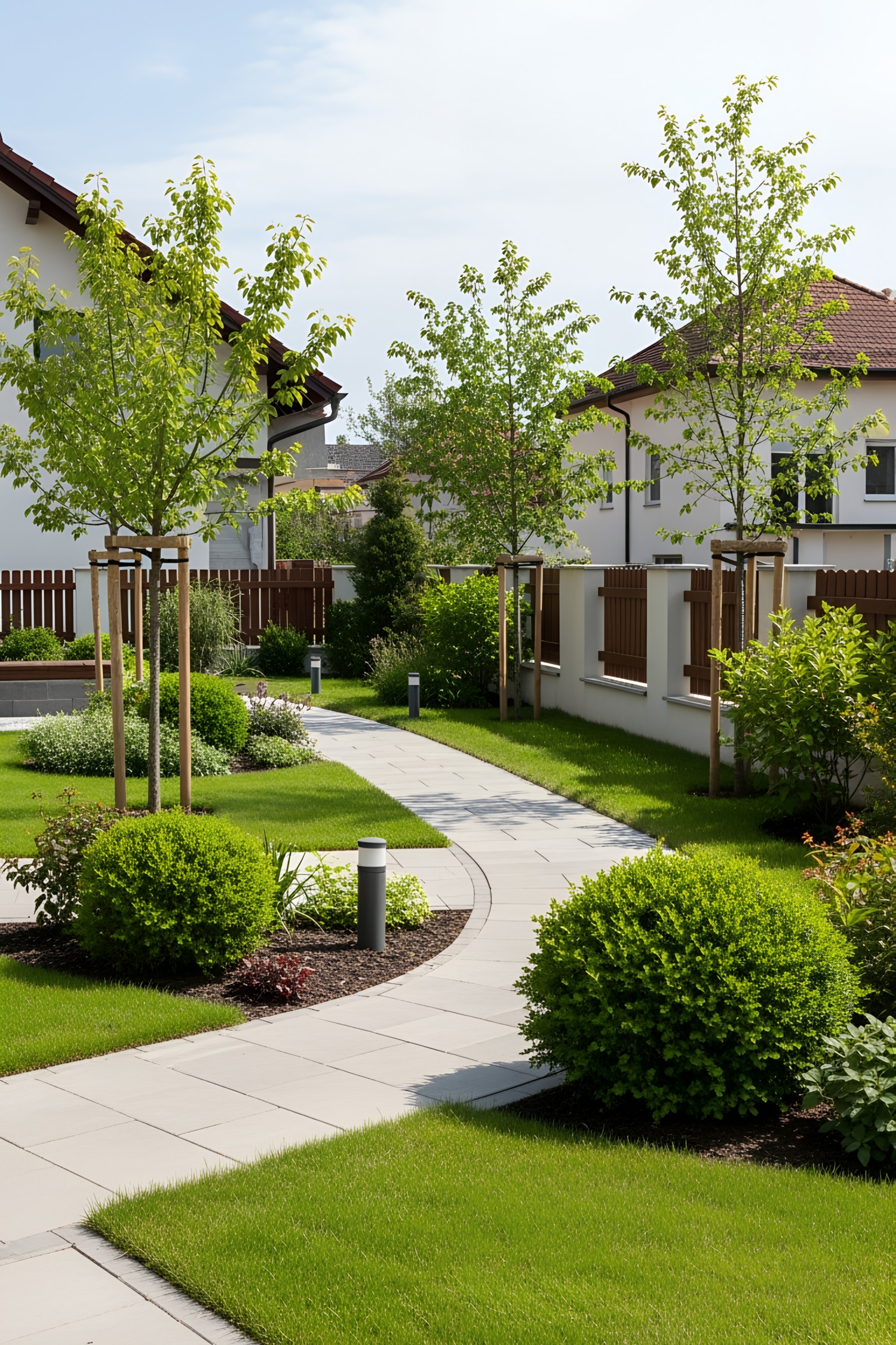Modern stone path through manicured garden