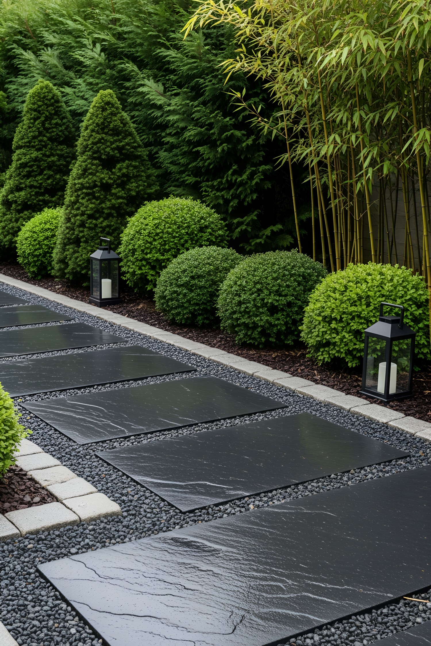 Sleek stone path lined with greenery and lanterns