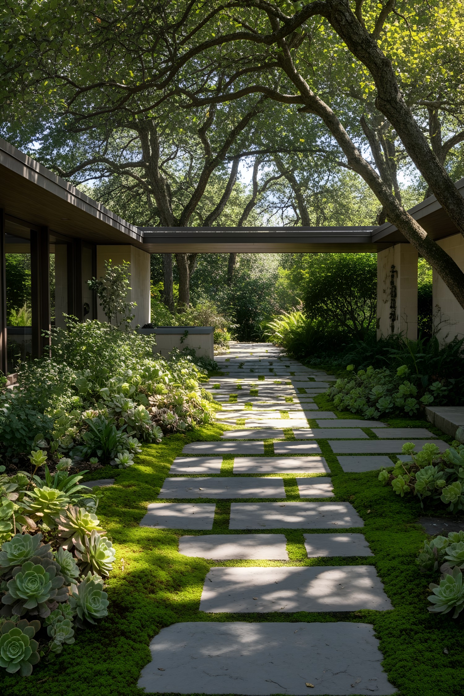 Stone path surrounded by lush garden greenery
