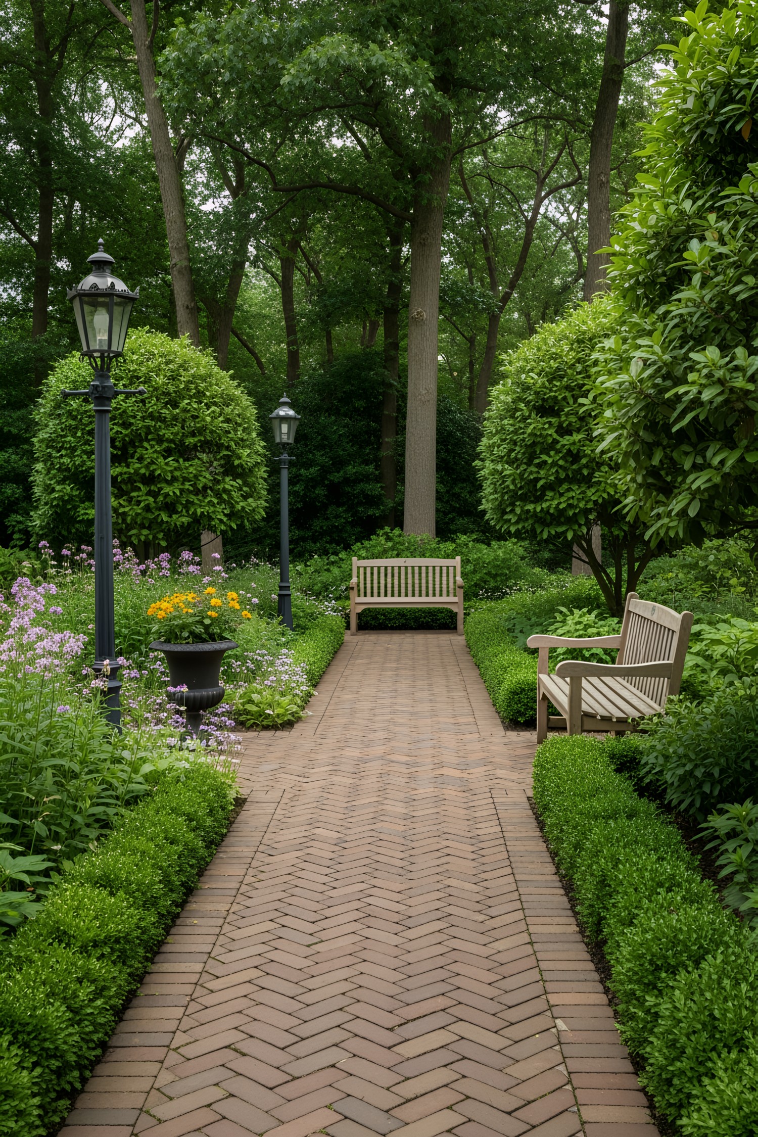 Brick path with benches in a lush garden