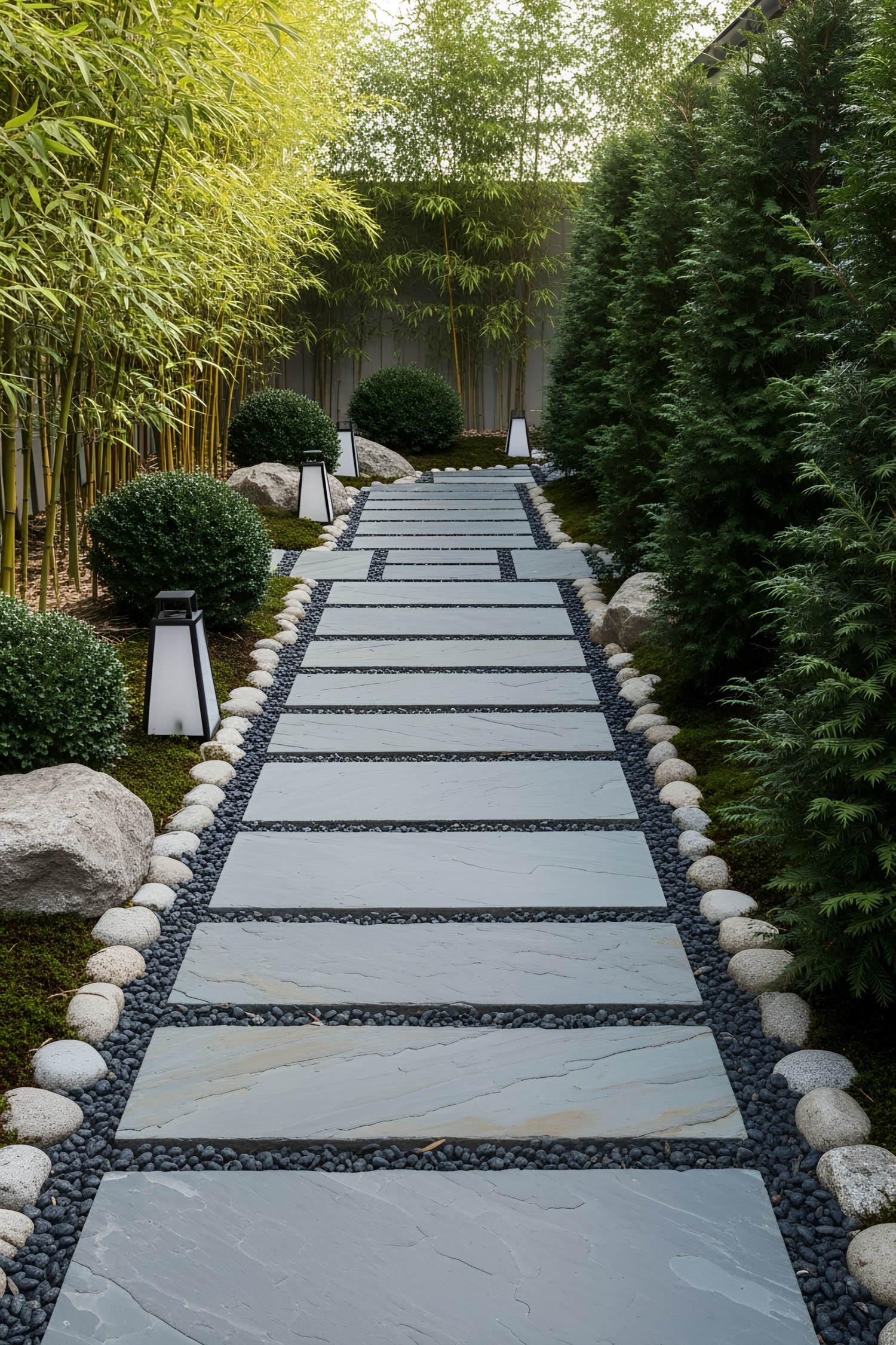 Slate walkway flanked by lush greenery and lanterns