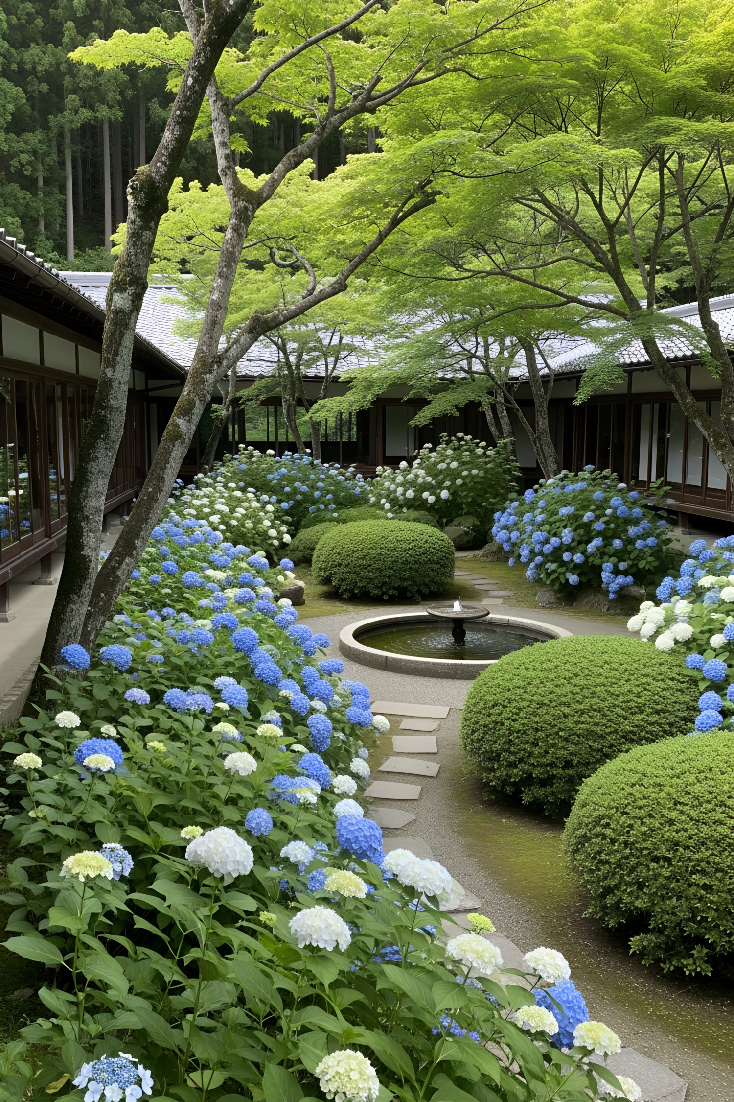 Serene garden filled with hydrangeas and a calming fountain