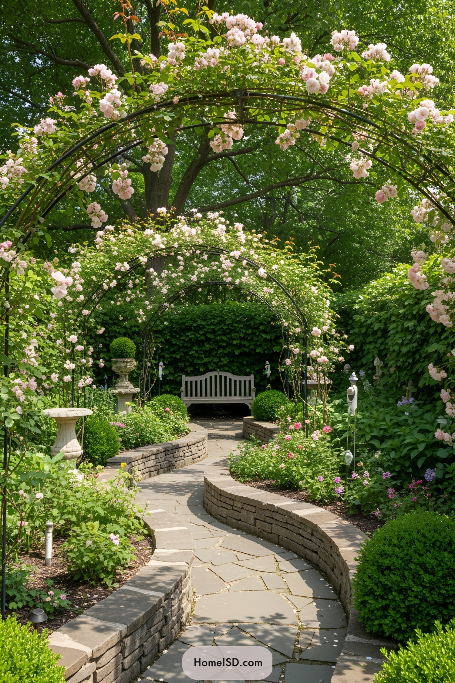 A garden path with rose-covered arches and a white bench