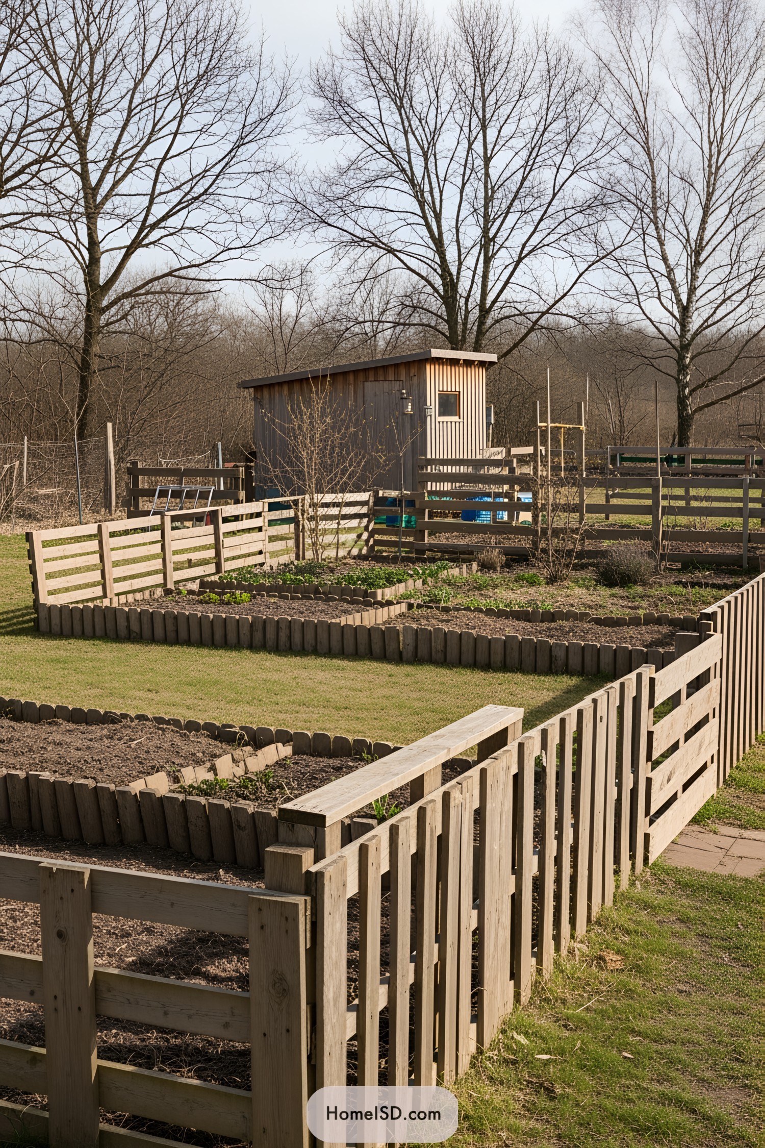 Wooden pallet fences surrounding a garden area with a small shed nearby