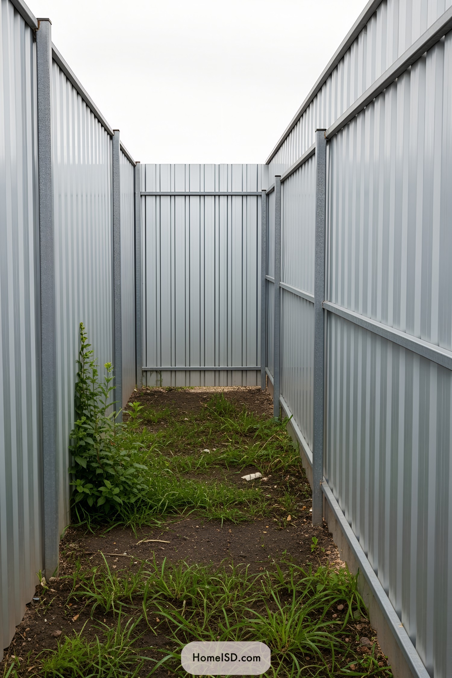 A narrow path enclosed by tall metal fencing