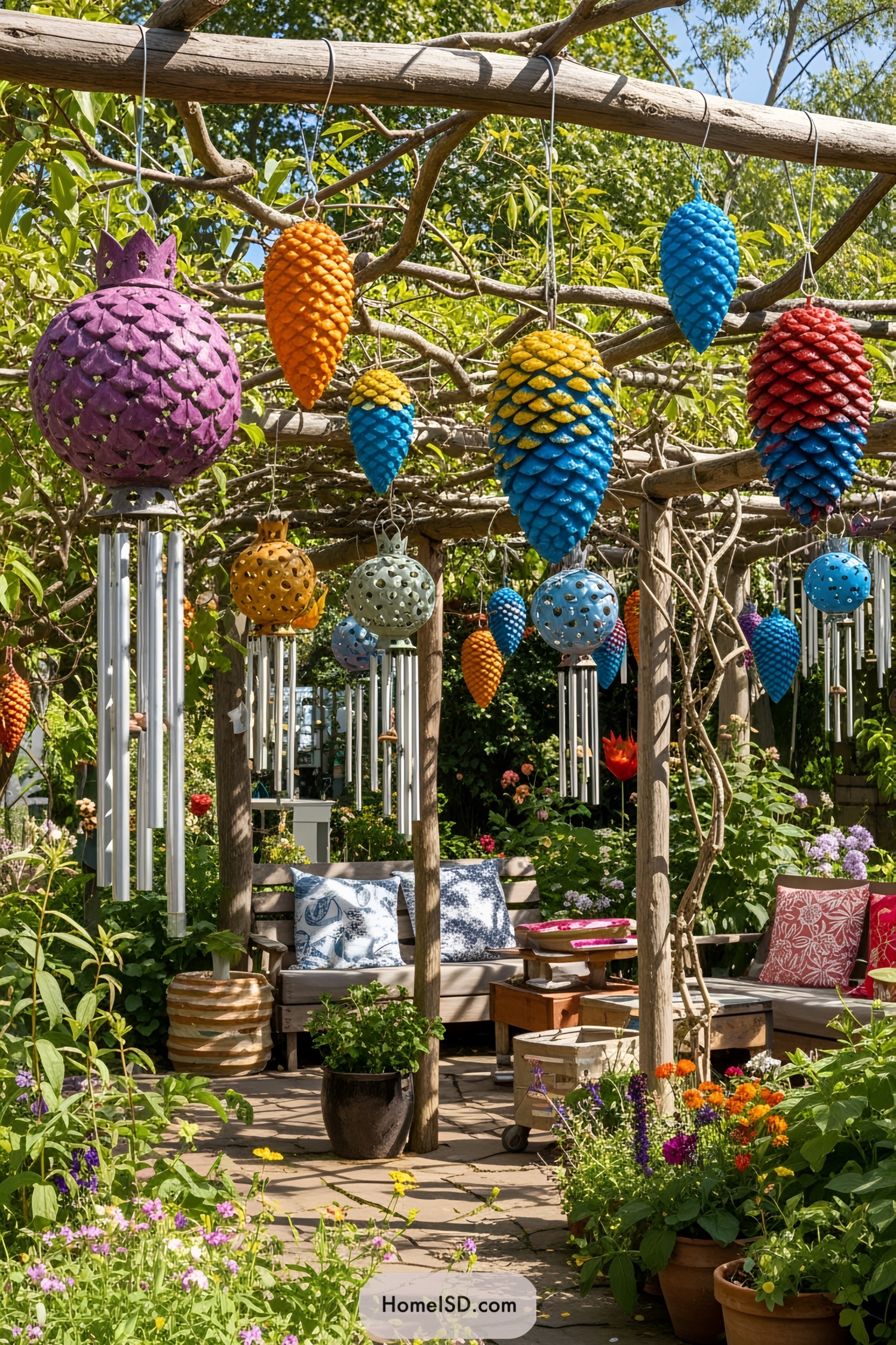 Colorful hanging ornaments in a lush garden