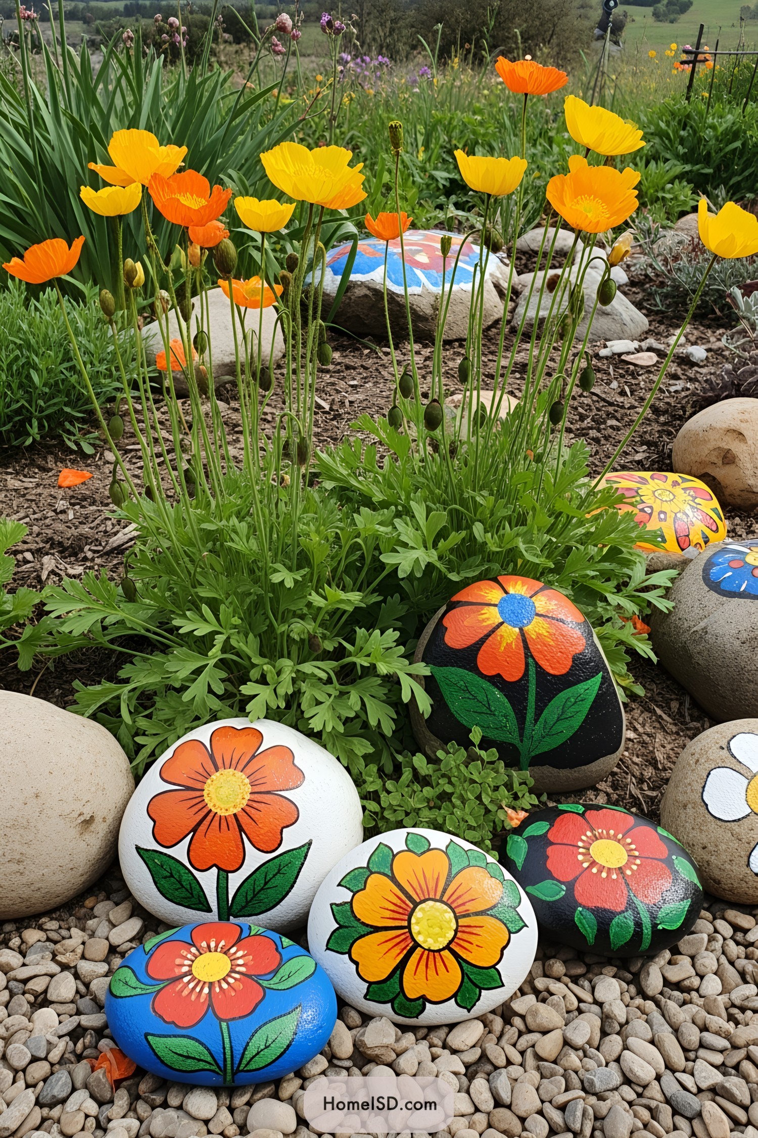 Vibrant painted stones nestled among garden poppies