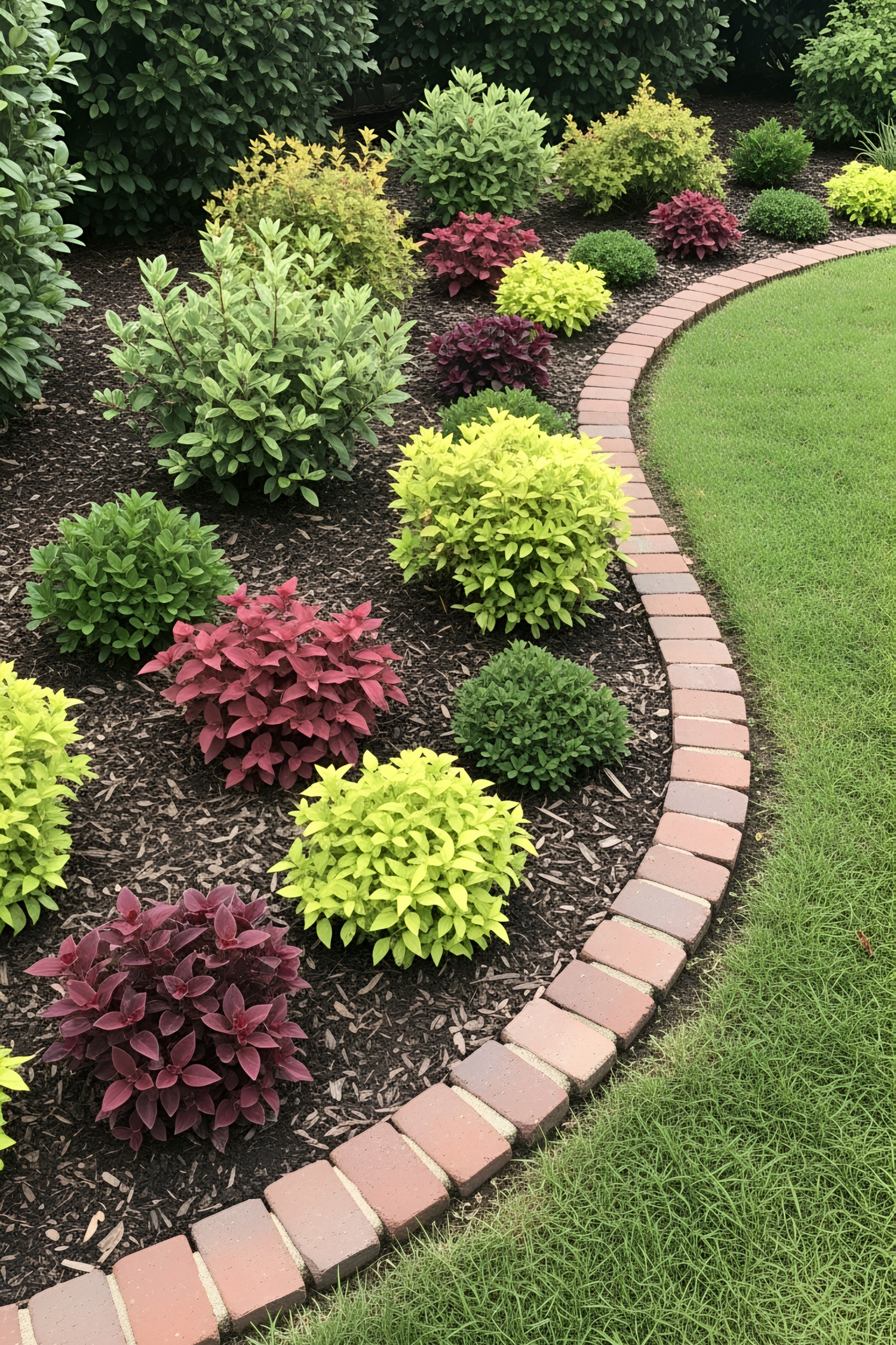 Colorful foliage with brick border and lawn