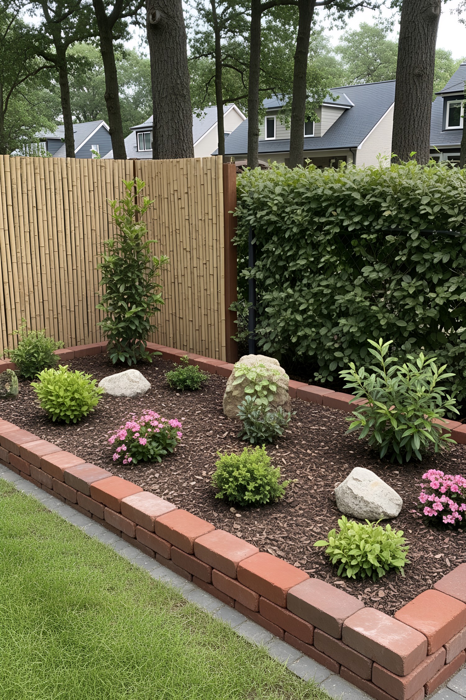 Brick-edged garden with plants and bamboo fence