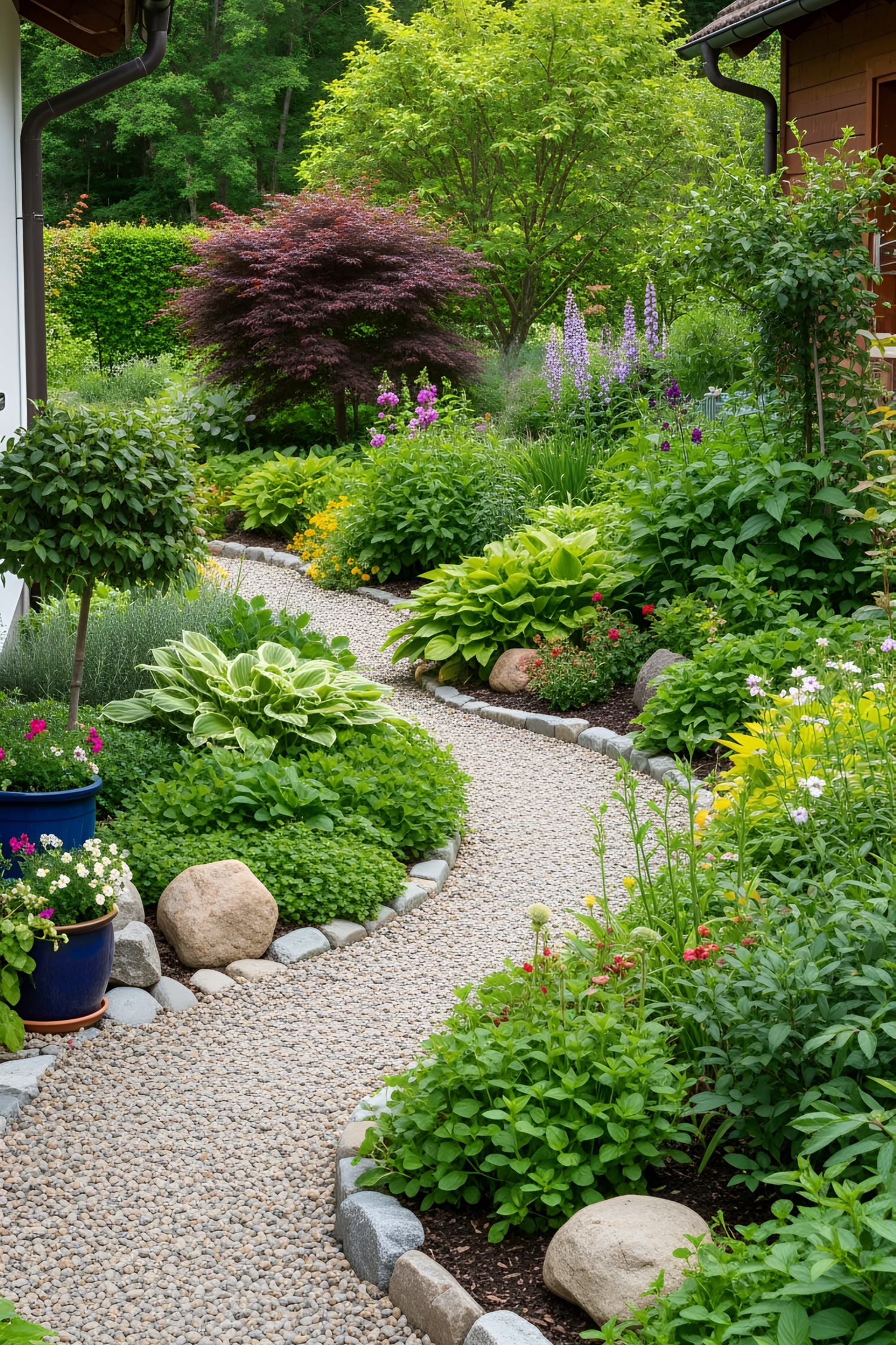 Gravel path winds through vibrant garden