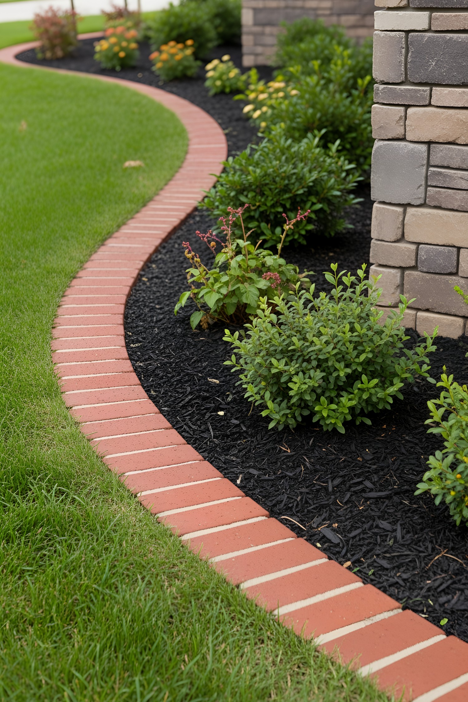 Curved brick edge with lush greenery