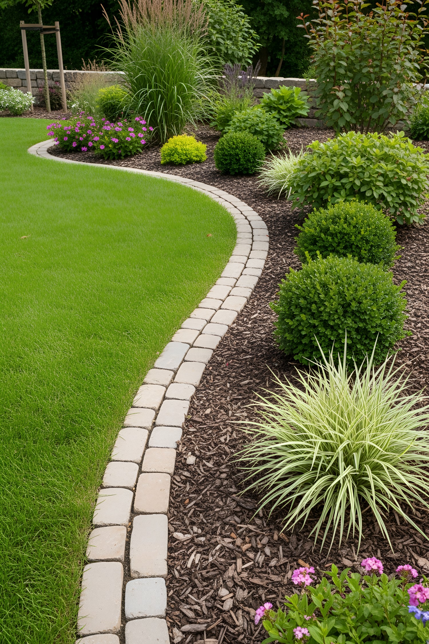 Curved brick edging between lush grass and vibrant plants