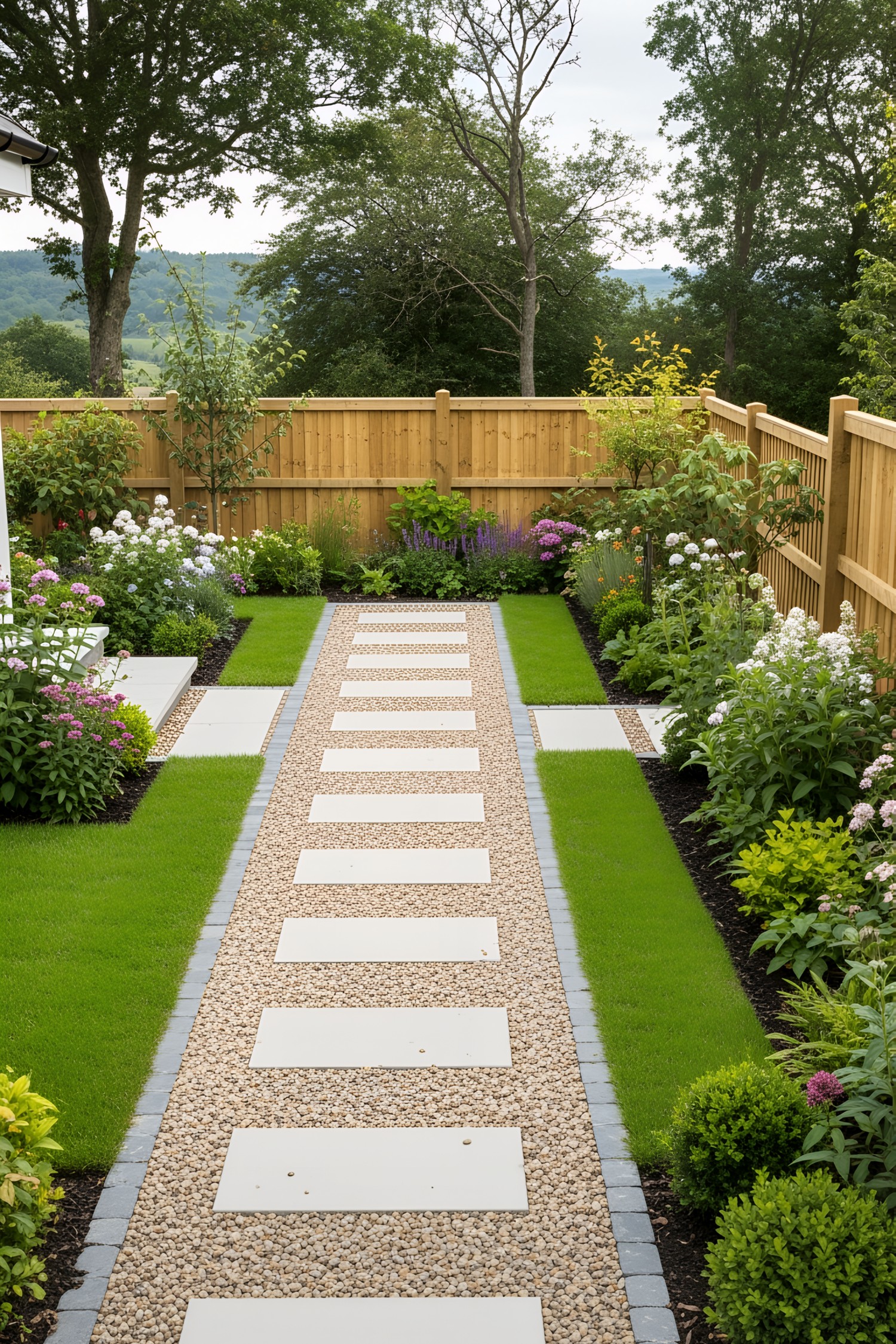 Chic gravel path lined with vibrant flowers and neat greenery
