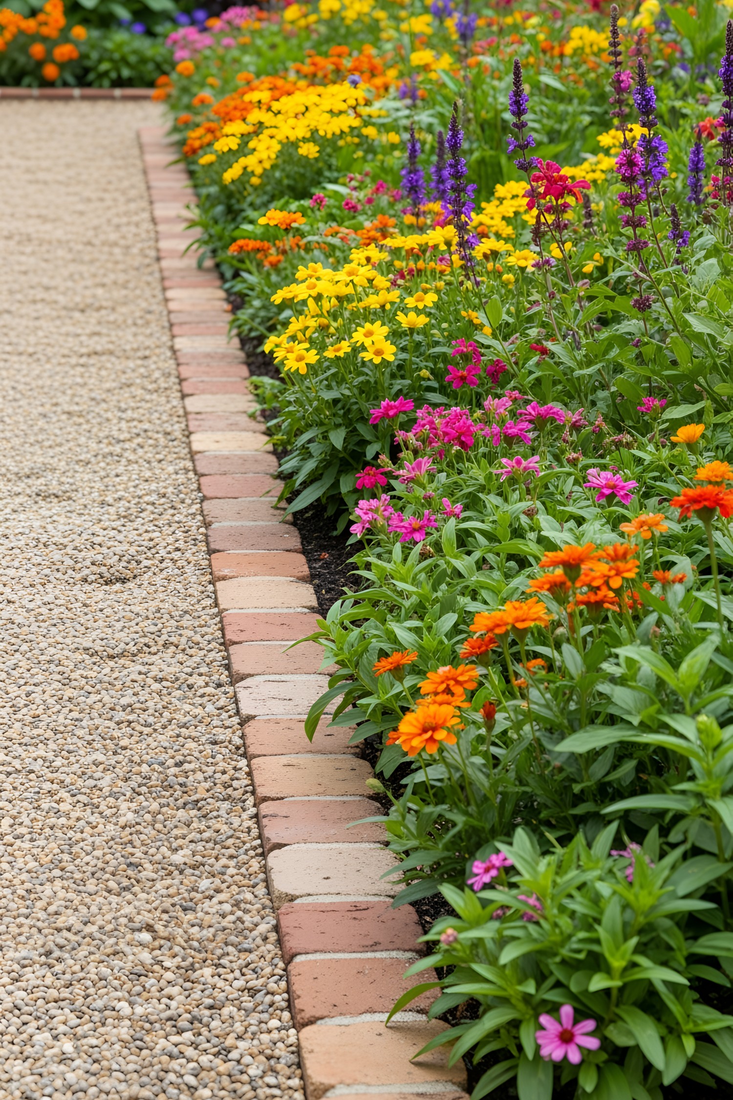 Brick edging beside vibrant flowers and gravel path