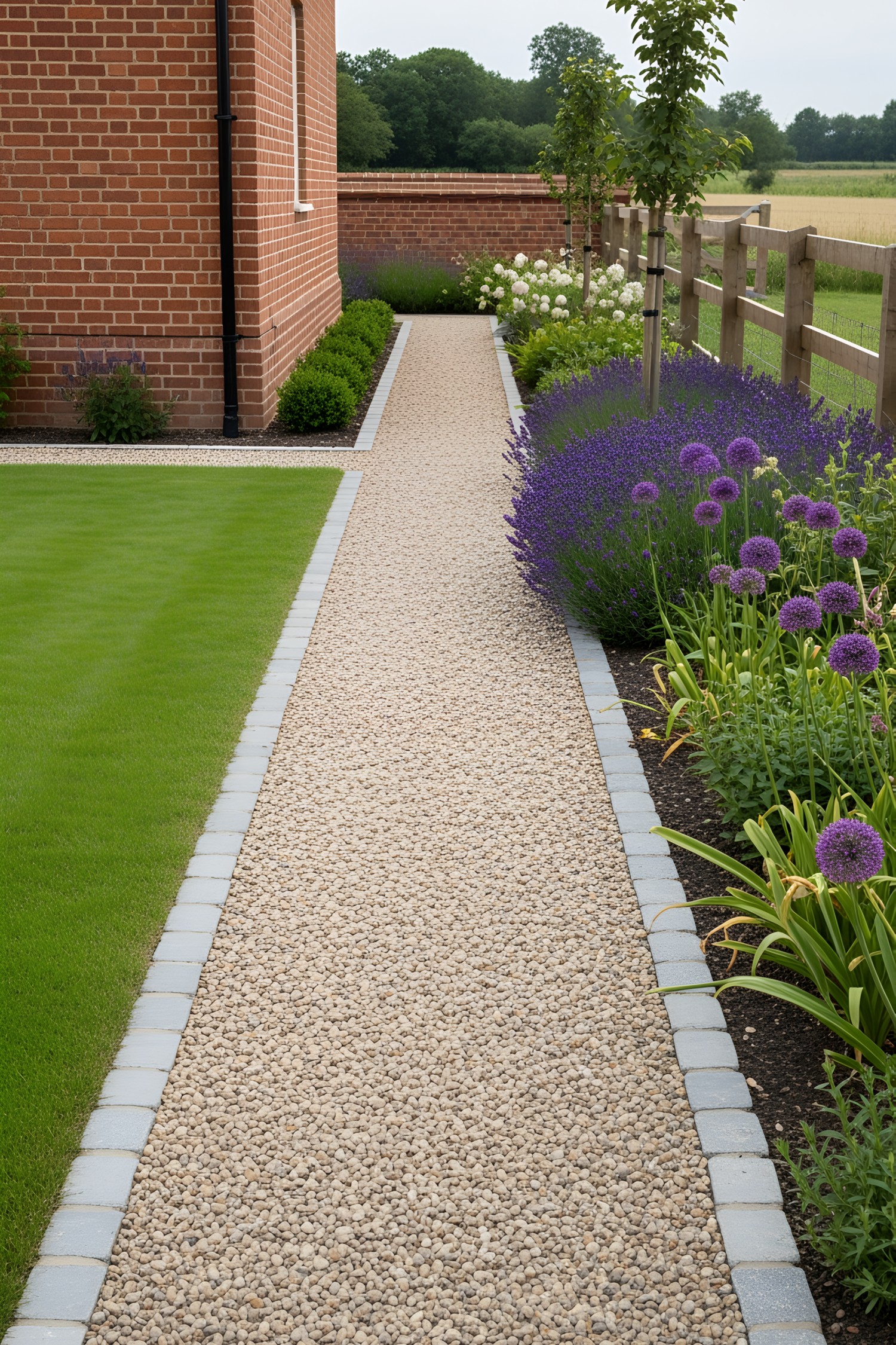 Gravel path lined with flowers beside a brick house