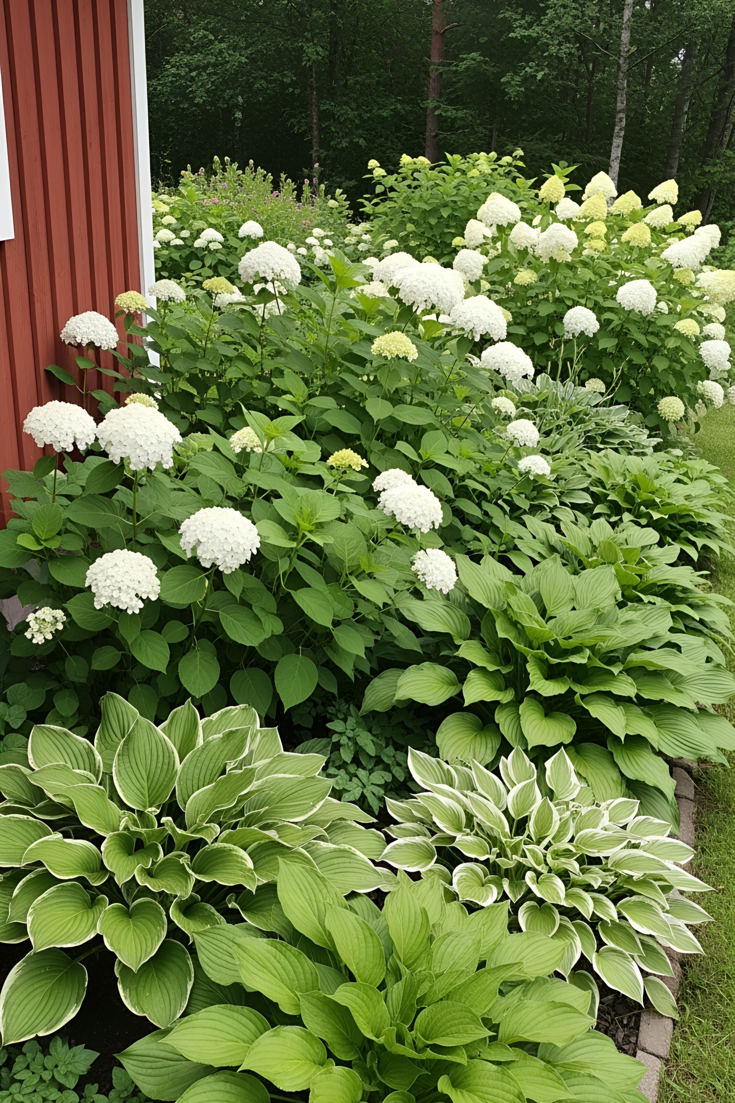 Lush garden with white hydrangeas and green foliage