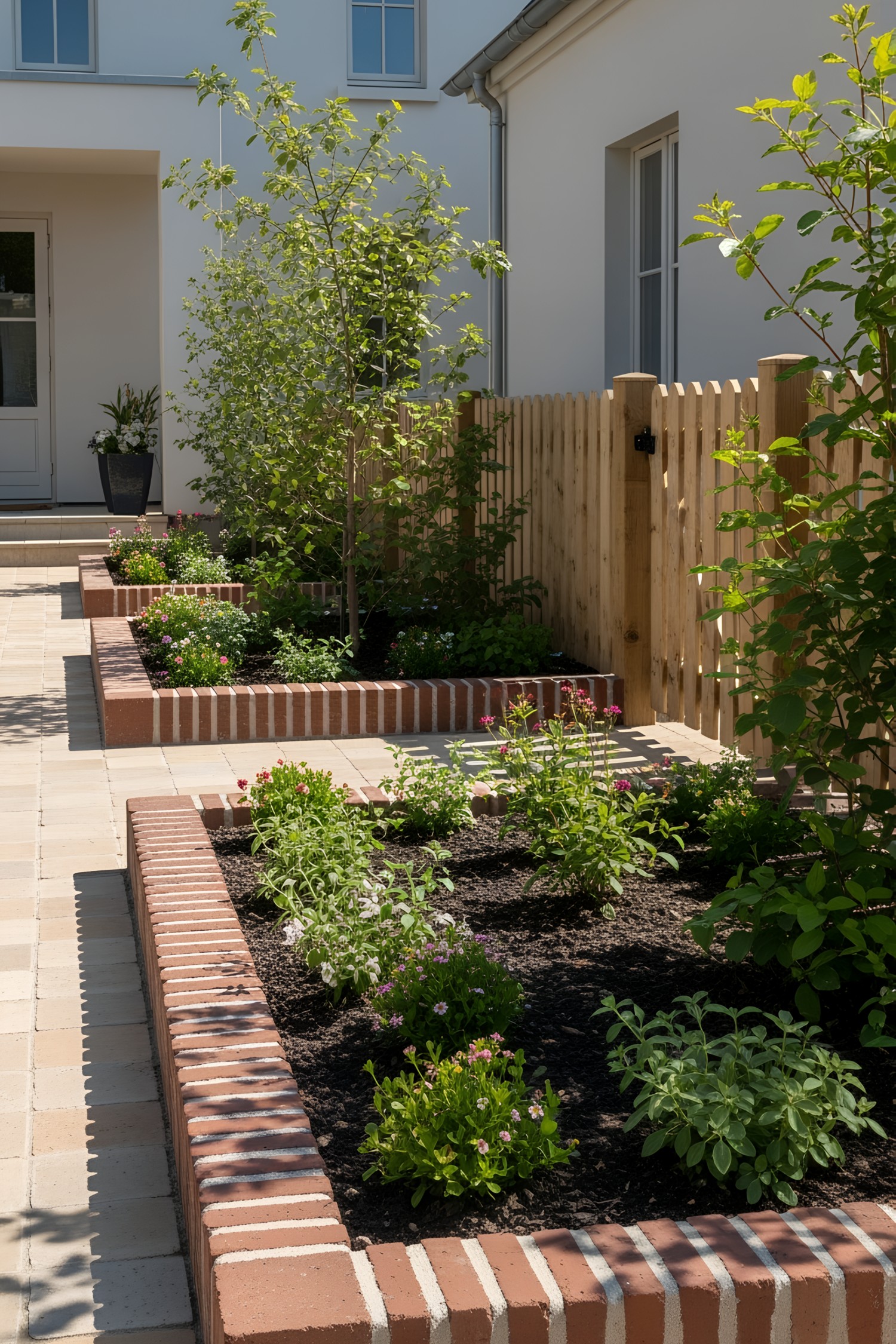 Neat brick-edged garden beds with vibrant plants next to a wooden fence