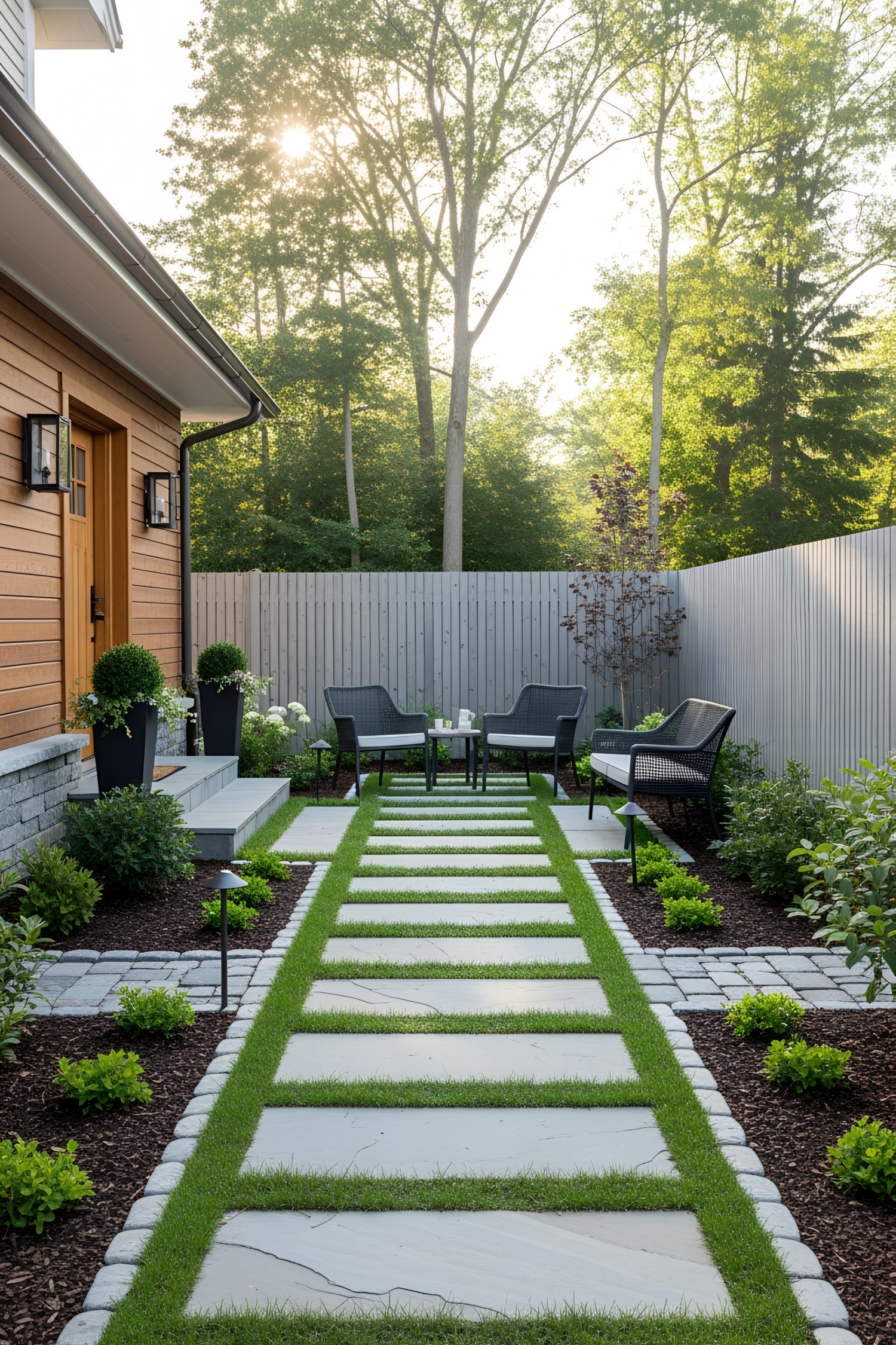 Modern garden path leading to a cozy outdoor seating area