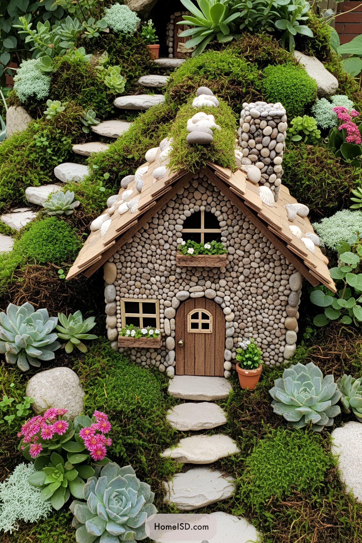 Small stone house surrounded by succulents and mossy steps