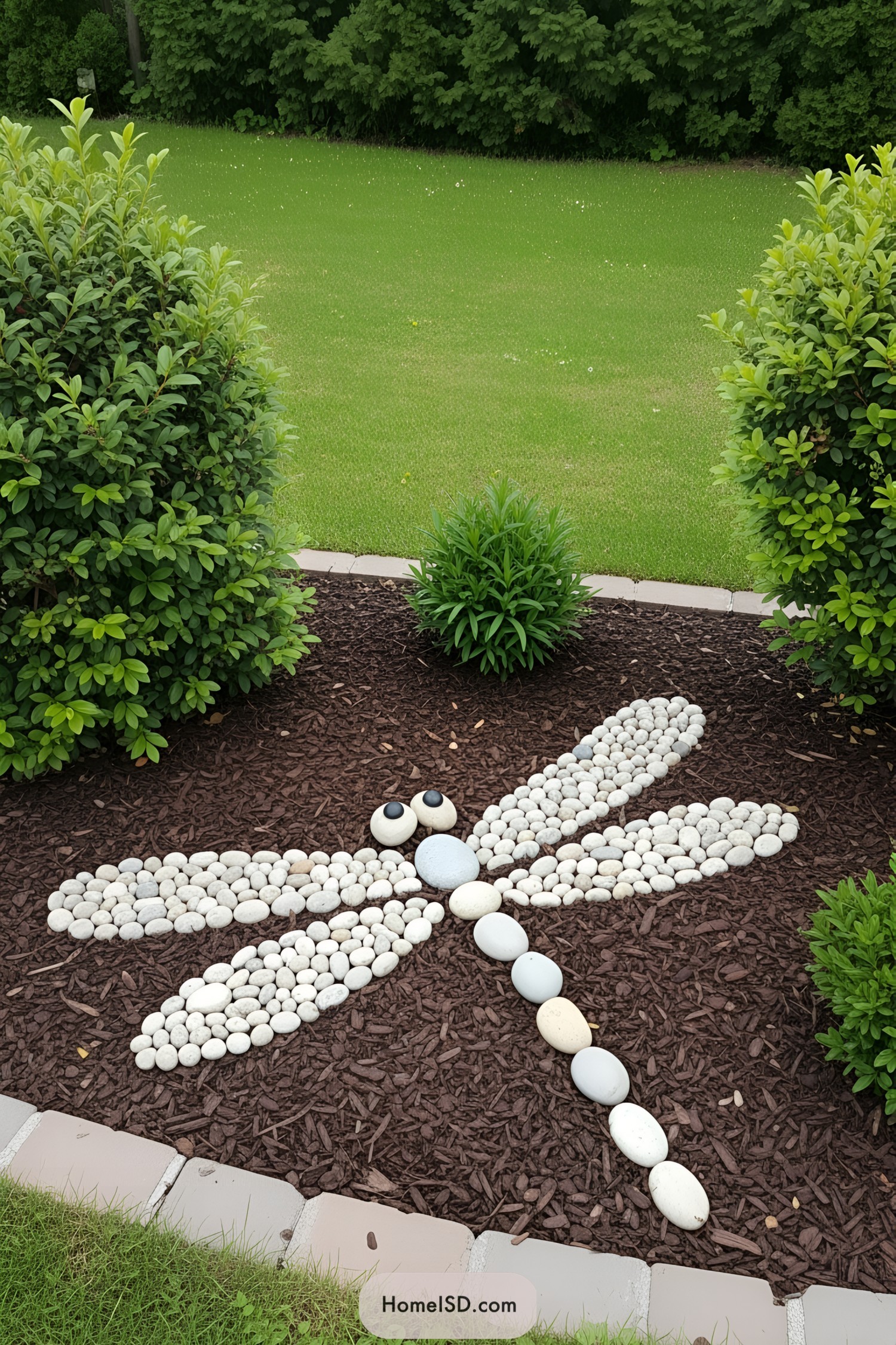 Pebble dragonfly in a garden bed