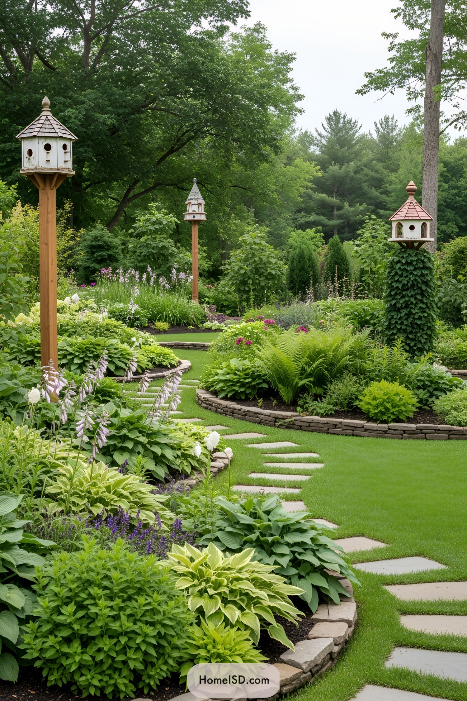 Lush garden with birdhouses atop wooden posts