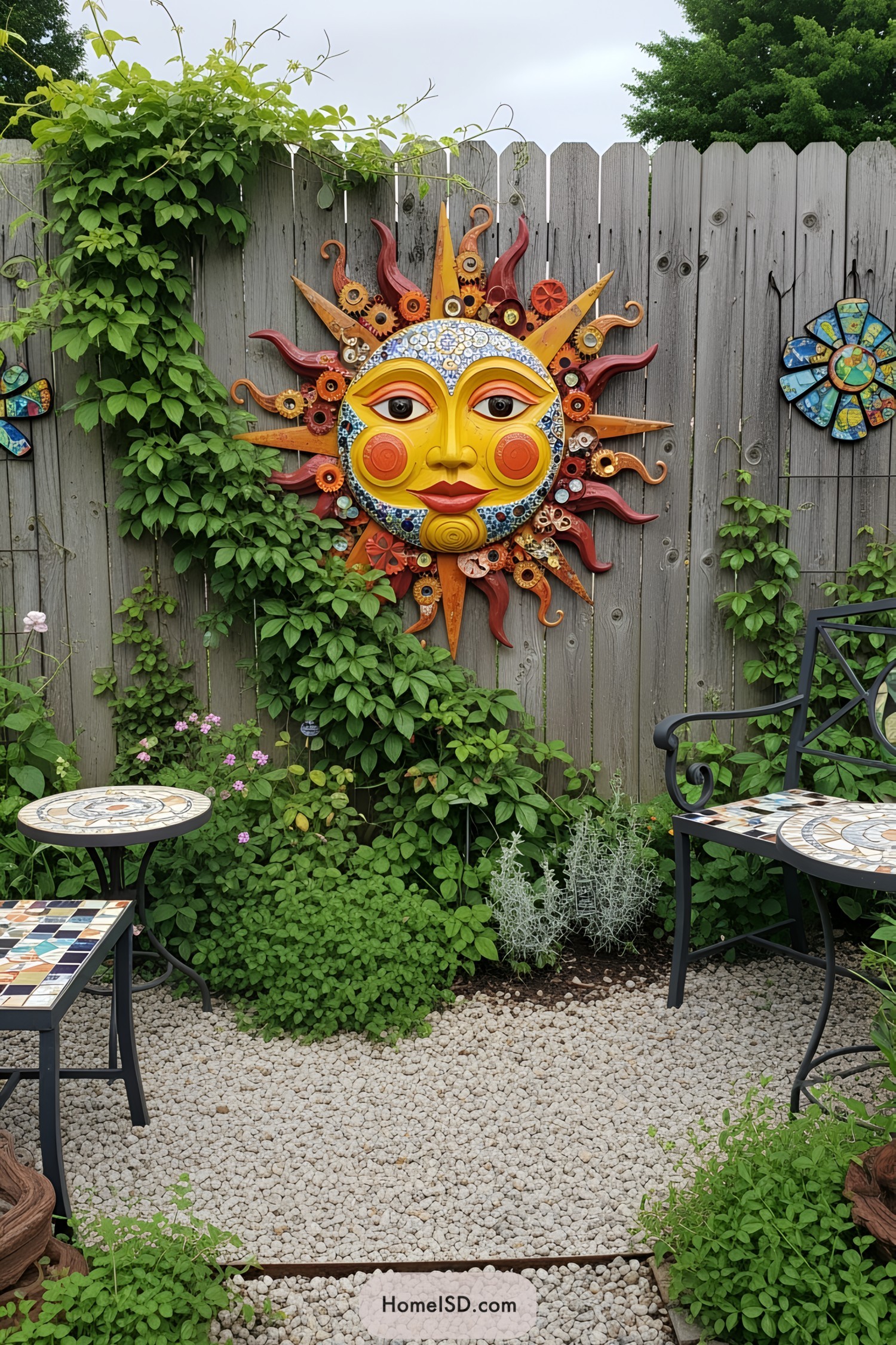 Colorful sun sculpture on a garden fence surrounded by greenery