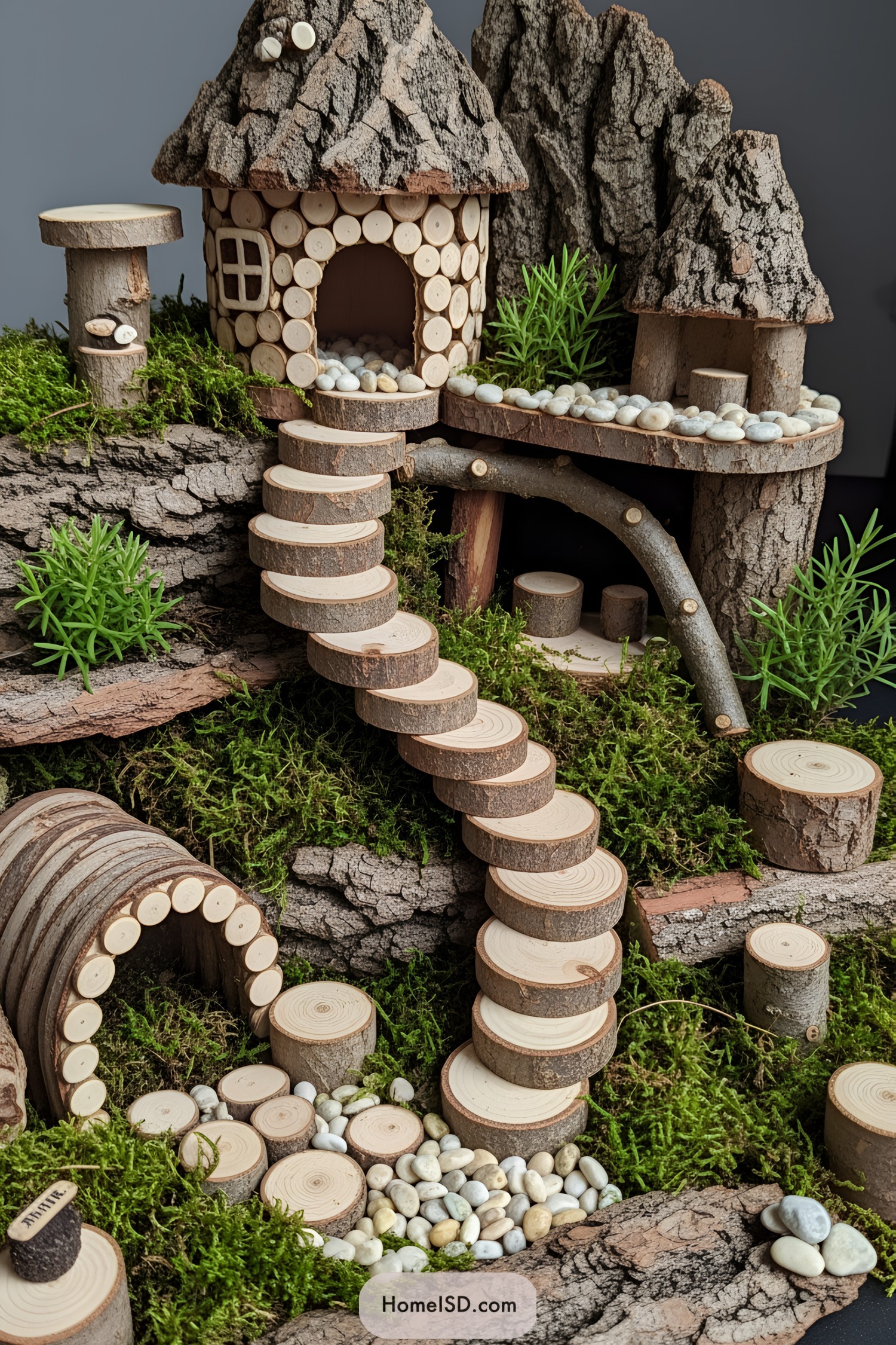Fairy house with bark roof and log steps amidst moss